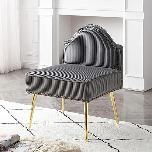 Krinana Silla moderna de terciopelo sin brazos silla plisada tapizada silla lateral con patas doradas para sala de estar dormitorio oficina gris