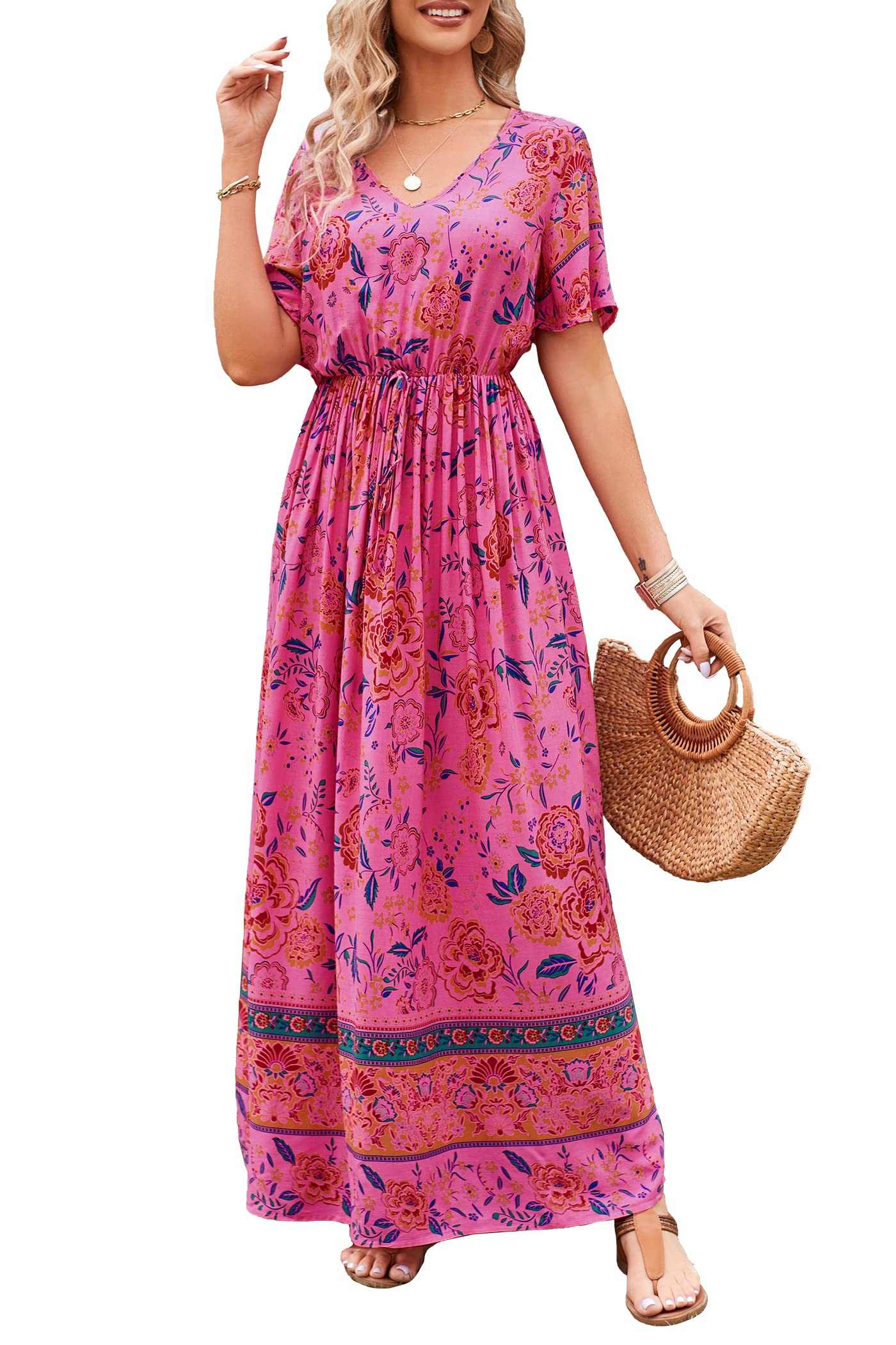 PRETTYGARDEN Women's Summer Boho Floral Dress Casual Beach Vacation Sundress V Neck Short Sleeve Long Maxi Dresses