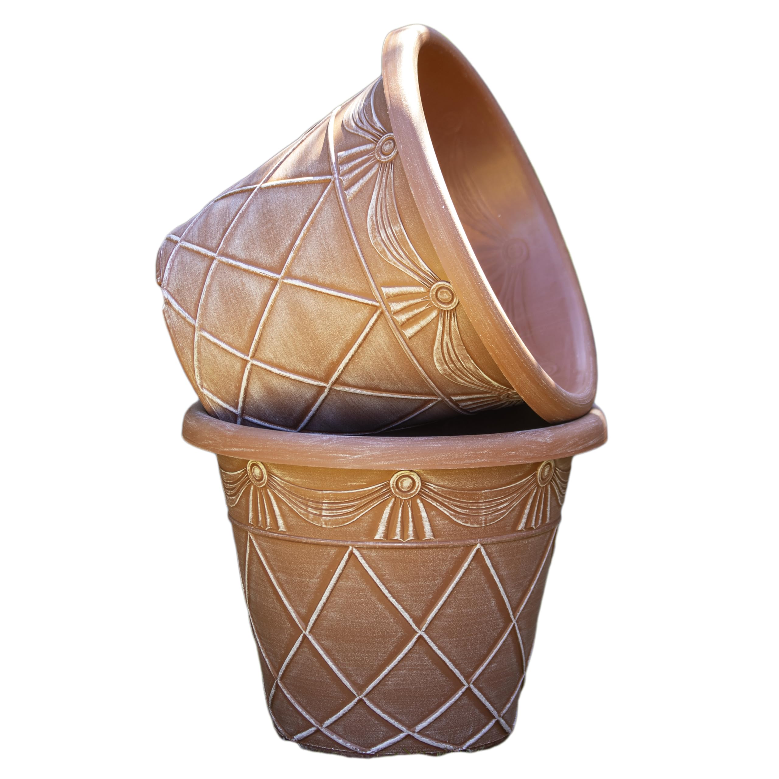 Darthome Brown Round Terracotta-Coloured Roman Planter, Plastic, Tuscany-Inspired Pattern, Outdoor Garden Pot, With Drainage Holes (2, Large 45Cm)