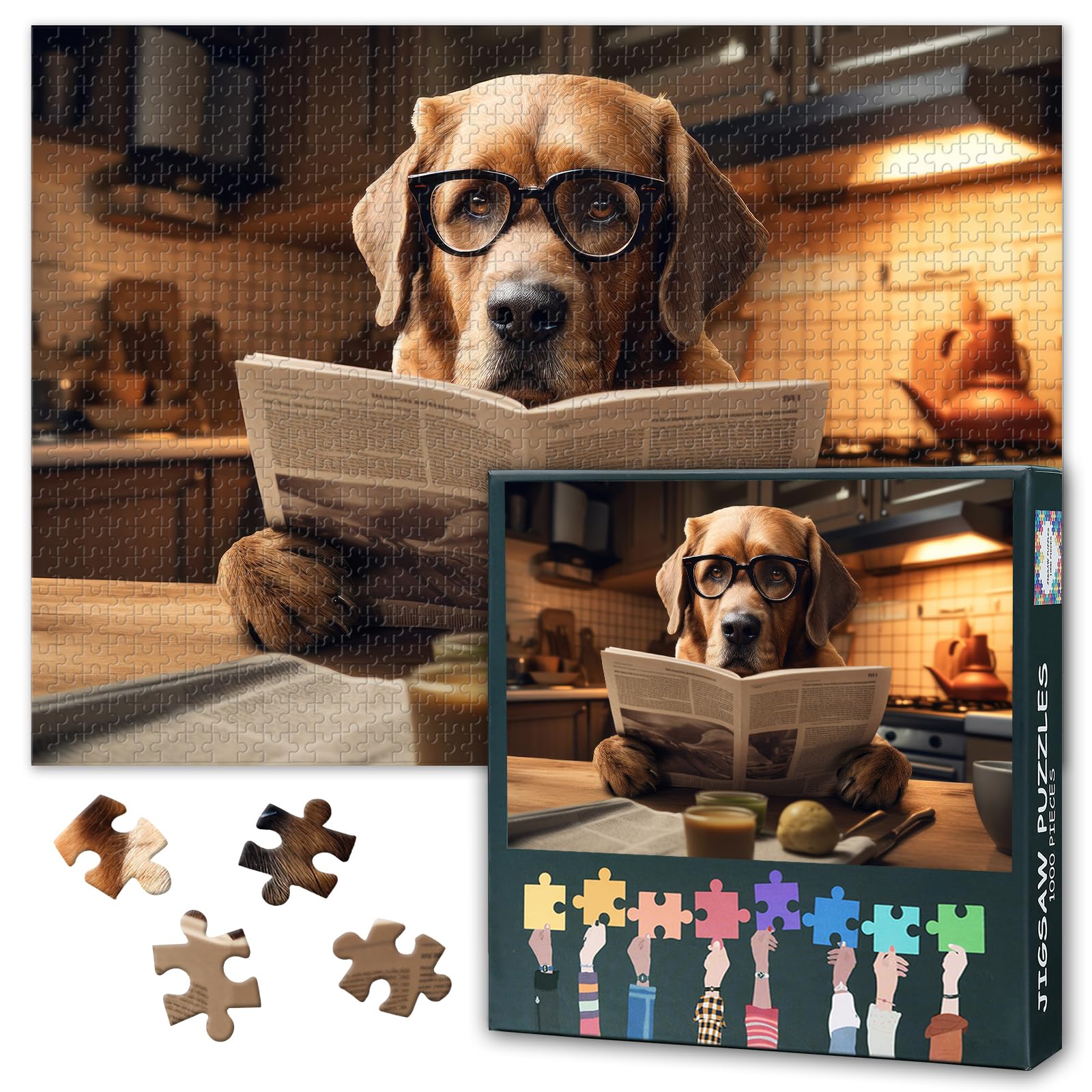 Labrador Dog Reading Newspaper Jigsaw Puzzles 1000 Pieces for Adults Decompression Puzzle Games Home Decor Dog Puzzles for Adults Birthday Party Gifts for Puzzle Lovers 27.5"X19.7"