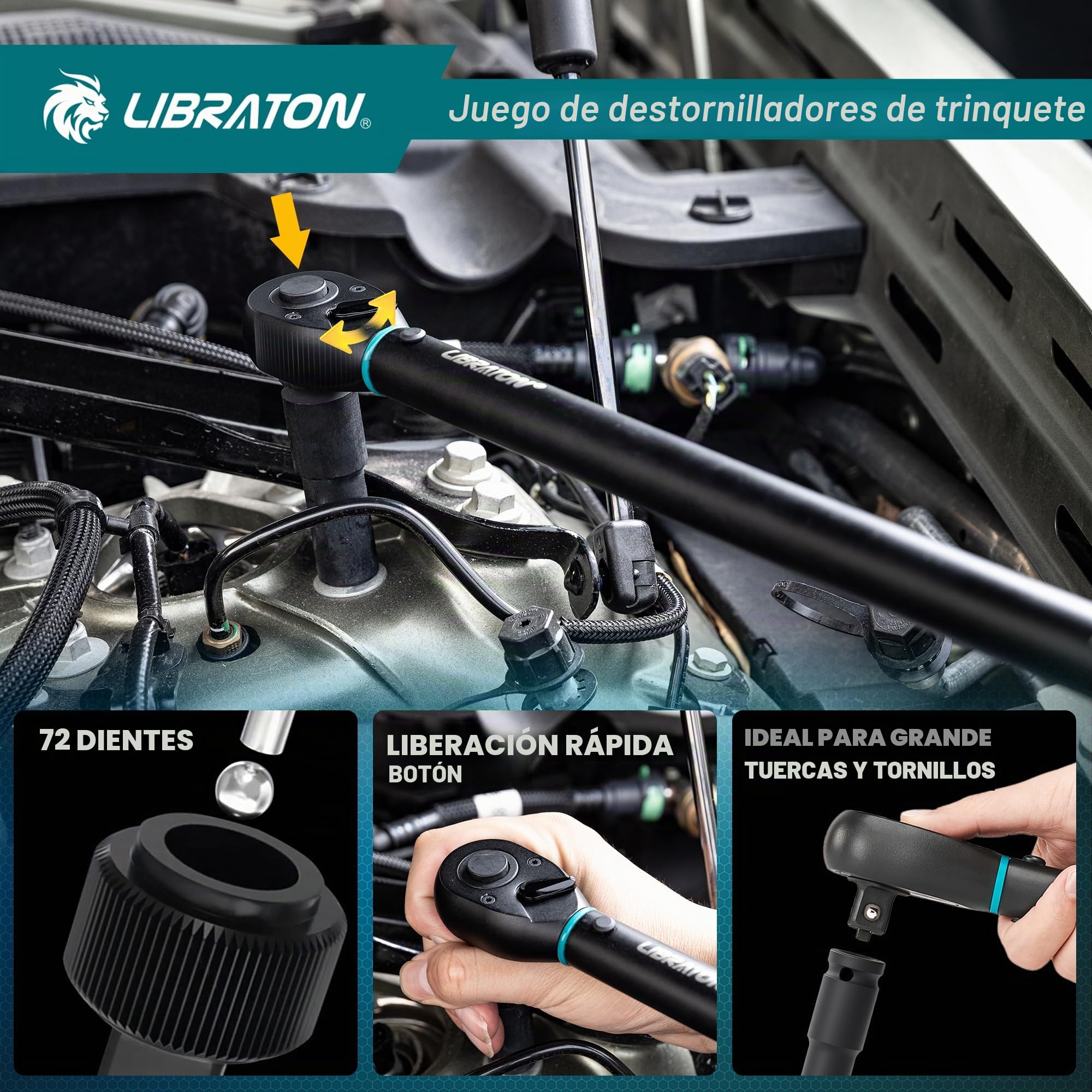LIBRATON Llave Dinamométrica 1/2", 50-350 Nm Llave de Torque, Llave Dinamométrica Moto con Clic, Precisión ±3%, Mango Articulado 1/2", 72 Dientes de Doble Dirección Ajustable, para Moto y Coche