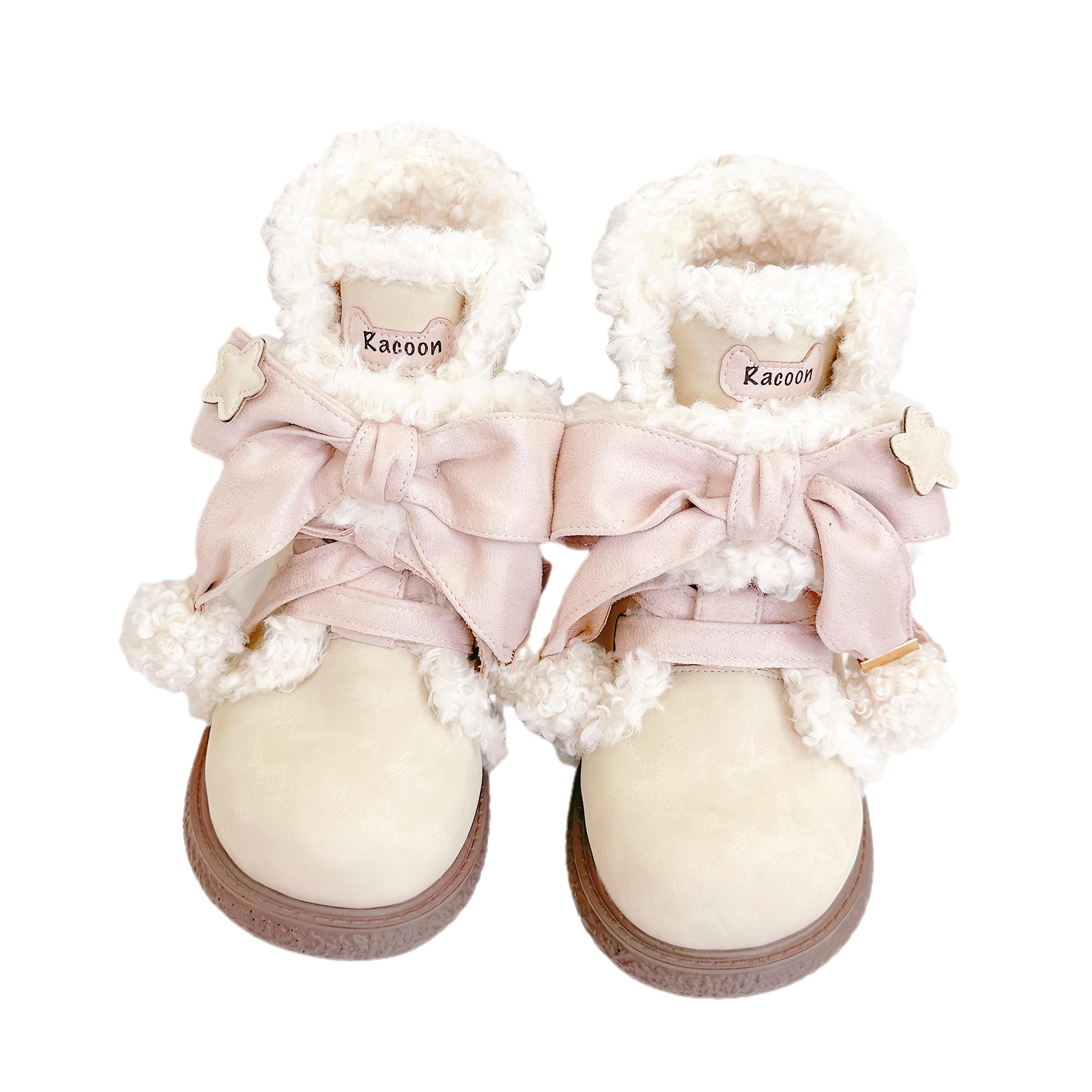 BEROBELLO Racoon Winter Warm Ankle Snow Boots Plush Lined Lace-Up Platform Boots Lolita Style with Bow Details