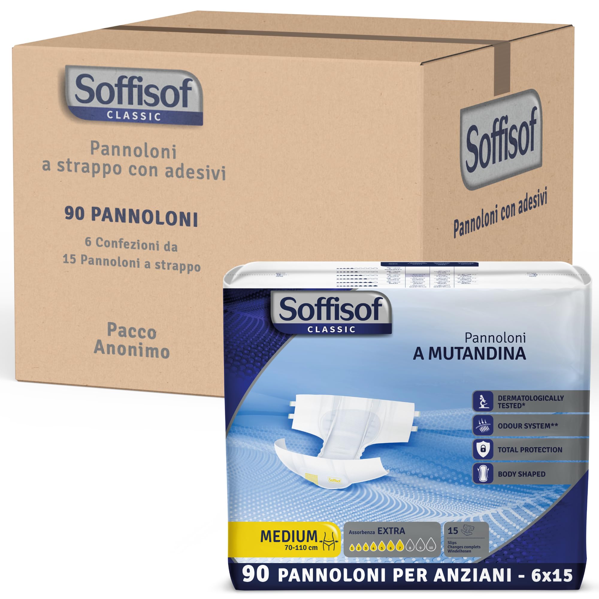 Soffisof Classic Pannoloni con Adesivi Extra M - 90x Pannoloni per Anziani a Mutandina - 6 Confezioni da 15 Pezzi, Assorbenza fino a 7 Gocce - Ausili Incontinenza Uomo e Donna