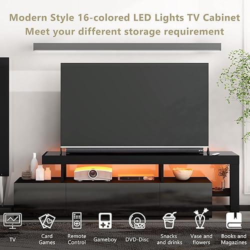 Miniatura 6 de NewCosmos ON-Trend Modern Style 16-Colored LED Lights TV Cabinet UV High Gloss Surface Entertainment Center with DVD Shelf Up to 70 inch TV Black