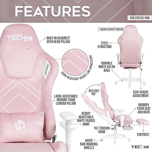 Miniatura 4 de Techni Sport Silla de juegos de terciopelo rosa - Silla de juegos rosa suave aterciopelada - Silla ergonómica para computadora con reposapiés