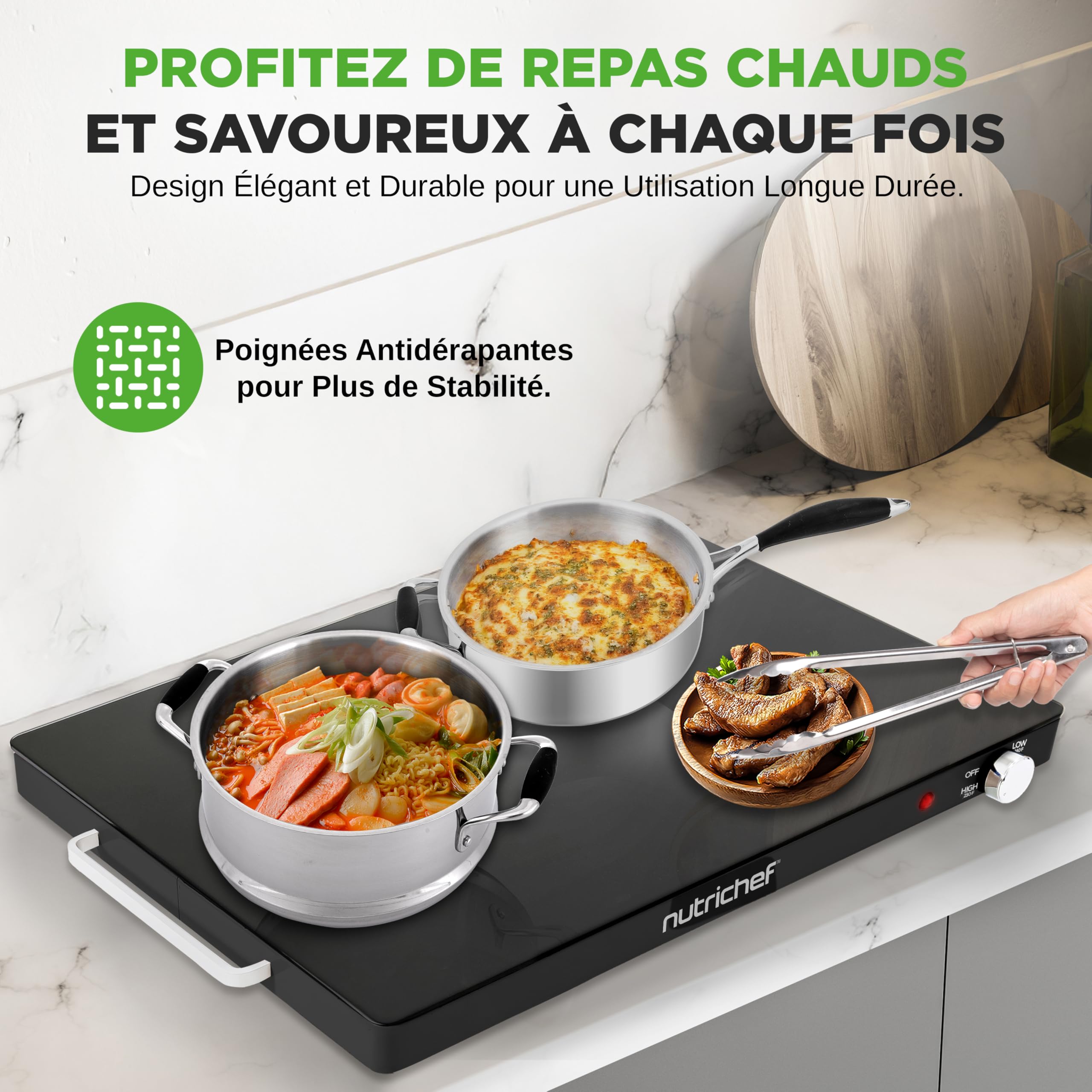 NutriChef Plaque Chauffante Électrique 54×42 cm – Température Réglable 60 à 110 °C, Surface Antiadhésive, Chauffe-Plats pour Buffet et Grillades