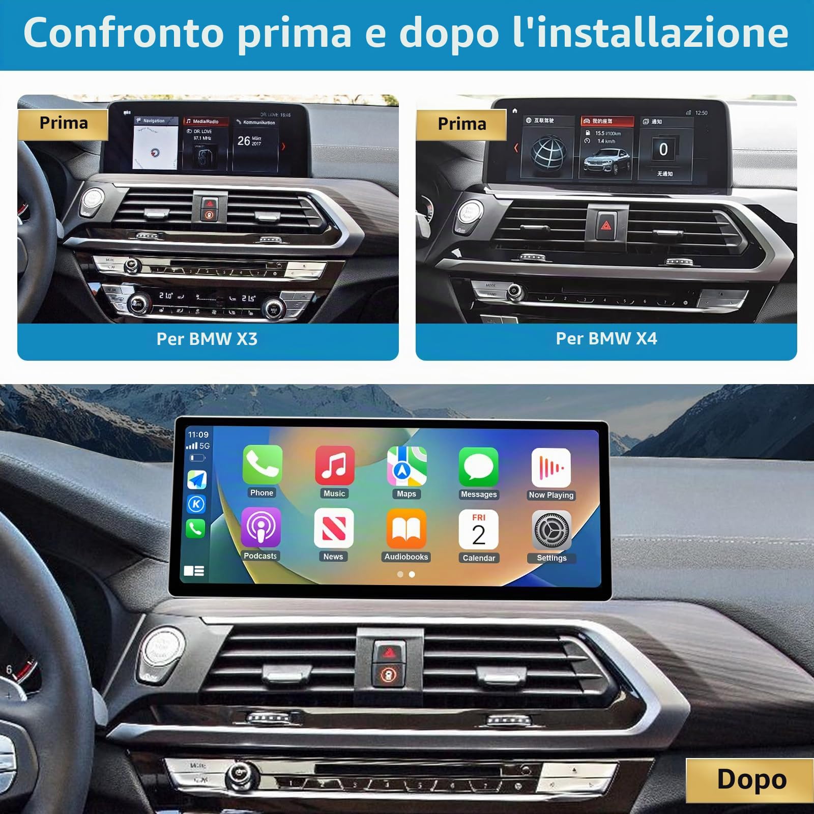 Stereo per Auto da 12,3 Pollici con Schermo Touch per BMW X3/X4 Serie G01 G02 dal 2018 al 2022 con Sistema EVO, Supporto per Apple CarPlay/Android Auto/Mirrorlink/Navigazione