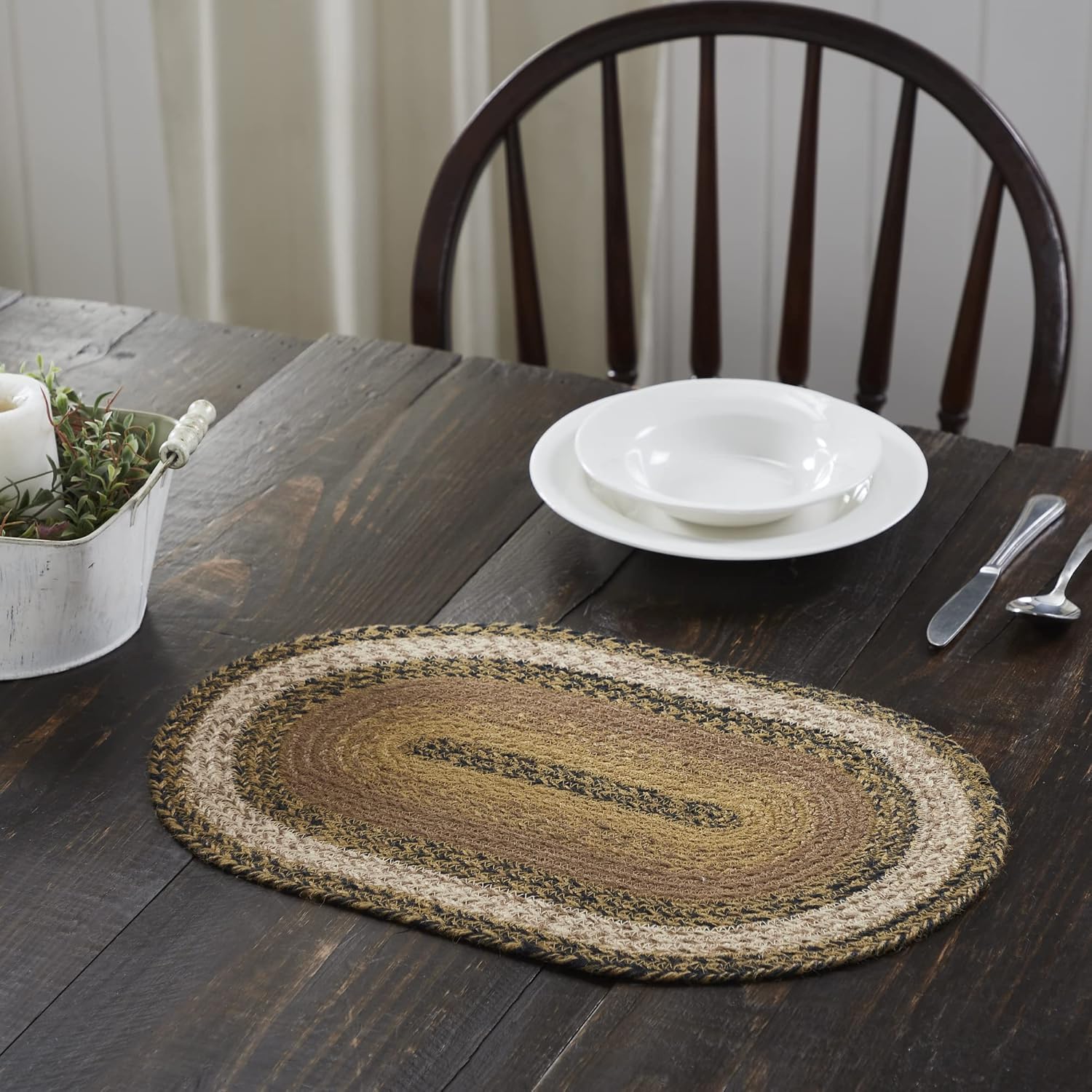 VHC Brands Kettle Grove, Dining Table Placemat, Braided Jute, Oval, Tan & Black, 12x18, 8 Pack 8 Pack