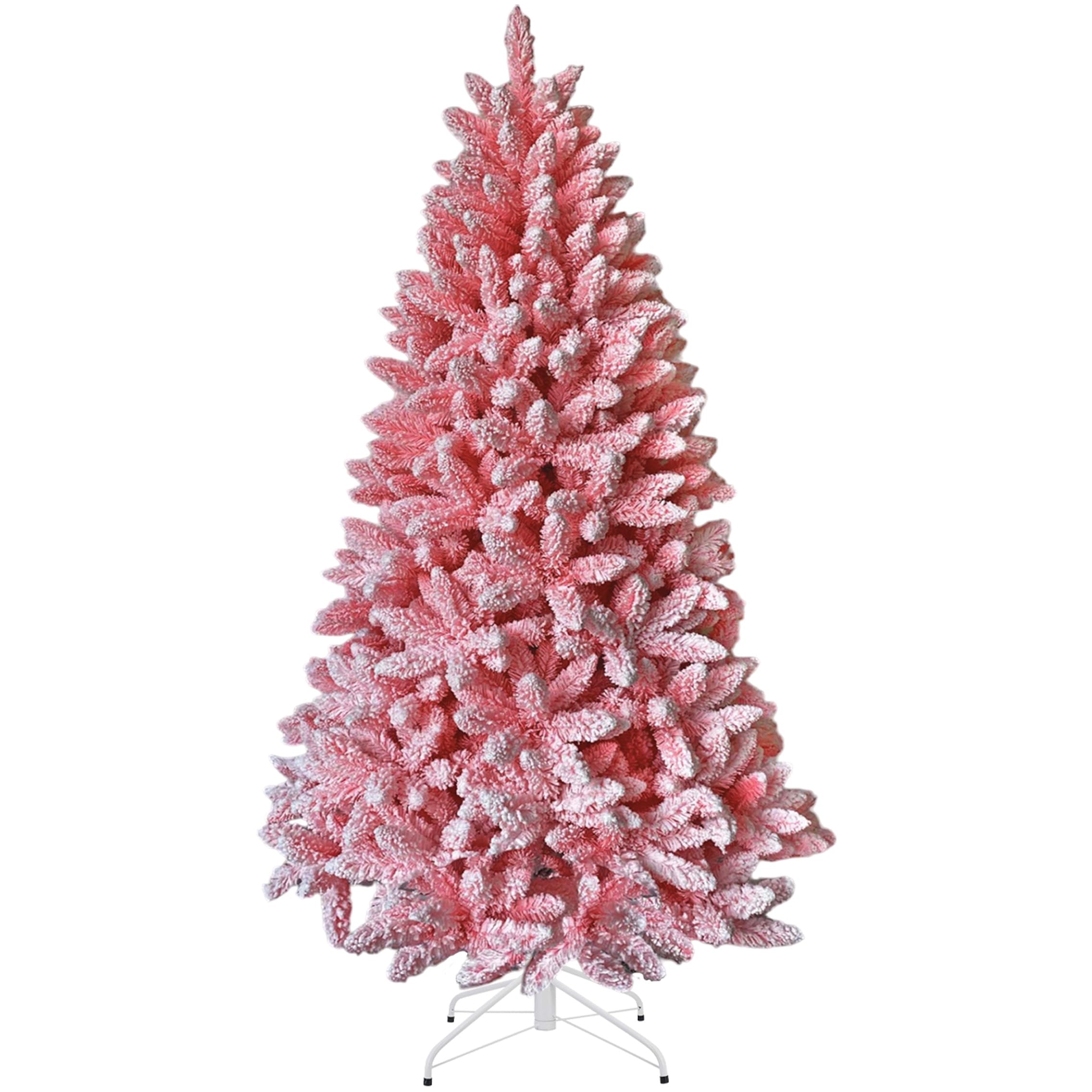 Shatchi Pink 7Ft Flocked Christmas Tree Snow Dusted Artificial Pine Foldable Metal Stand 1084 Tips Hinged Branches Snowy Bushy Luxury Holiday Home Decoration