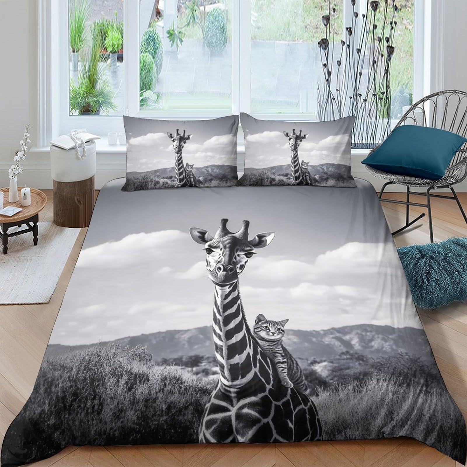 Ctjqhvkz Style-1 3D Printed Giraffe Safari Fitted Sheet Microfiber Scenic Savanna Bed Cover For Bedroom Home Decor Easy Care Single（135X200cm）