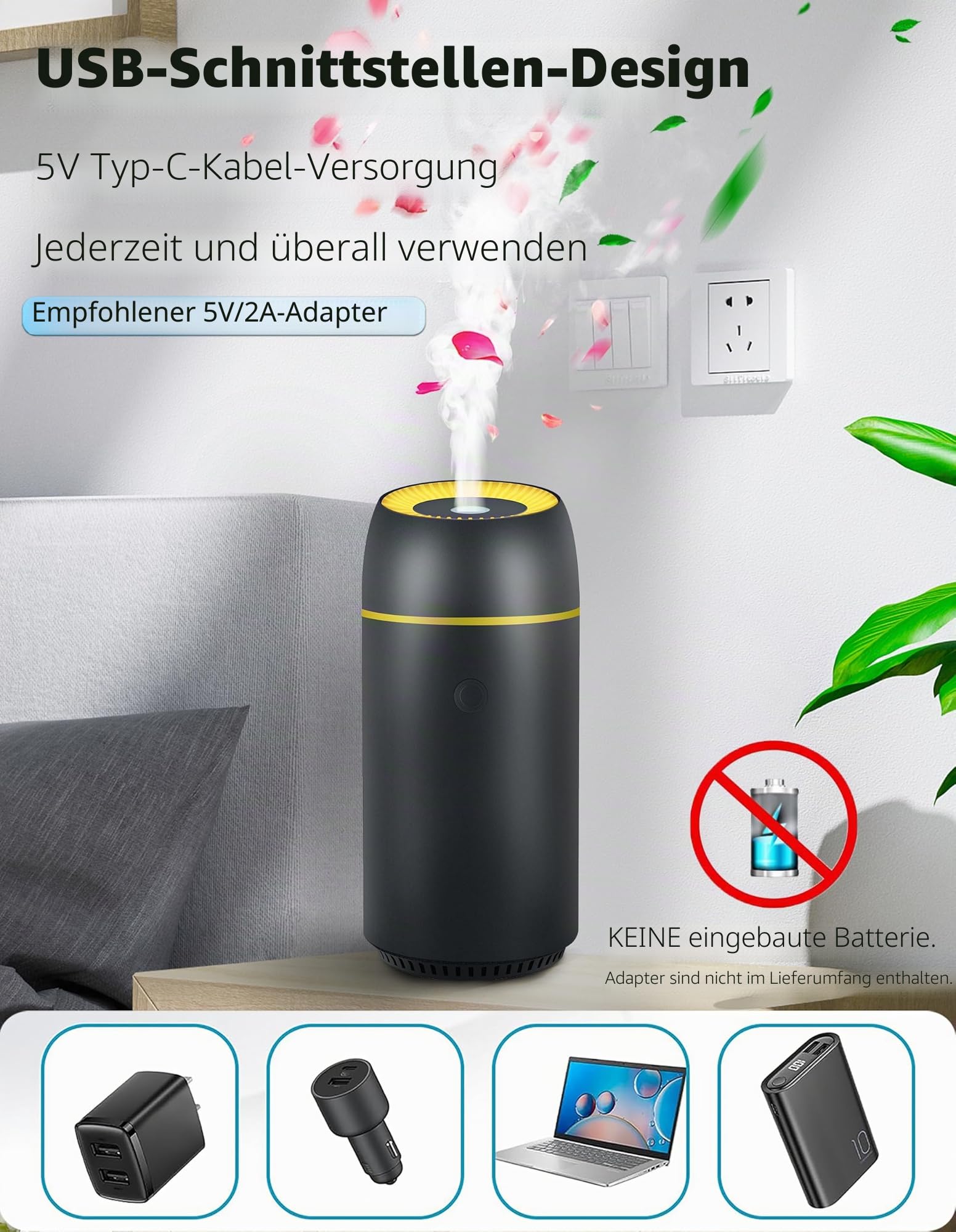 Auto-Diffusor für ätherische Öle und tragbare Mini-Ultraschall-Luftbefeuchter, 100 ml, USB-Aromatherapie-Diffusor mit bunten Lichtern für kleine Räume, Zuhause und Büro