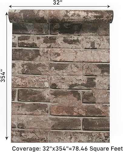 Miniatura 7 de VaryPaper Papel tapiz retro de ladrillo marrón de 32 x 354 pulgadas, despegar y pegar para dormitorio, papel de contacto de ladrillo sintético,