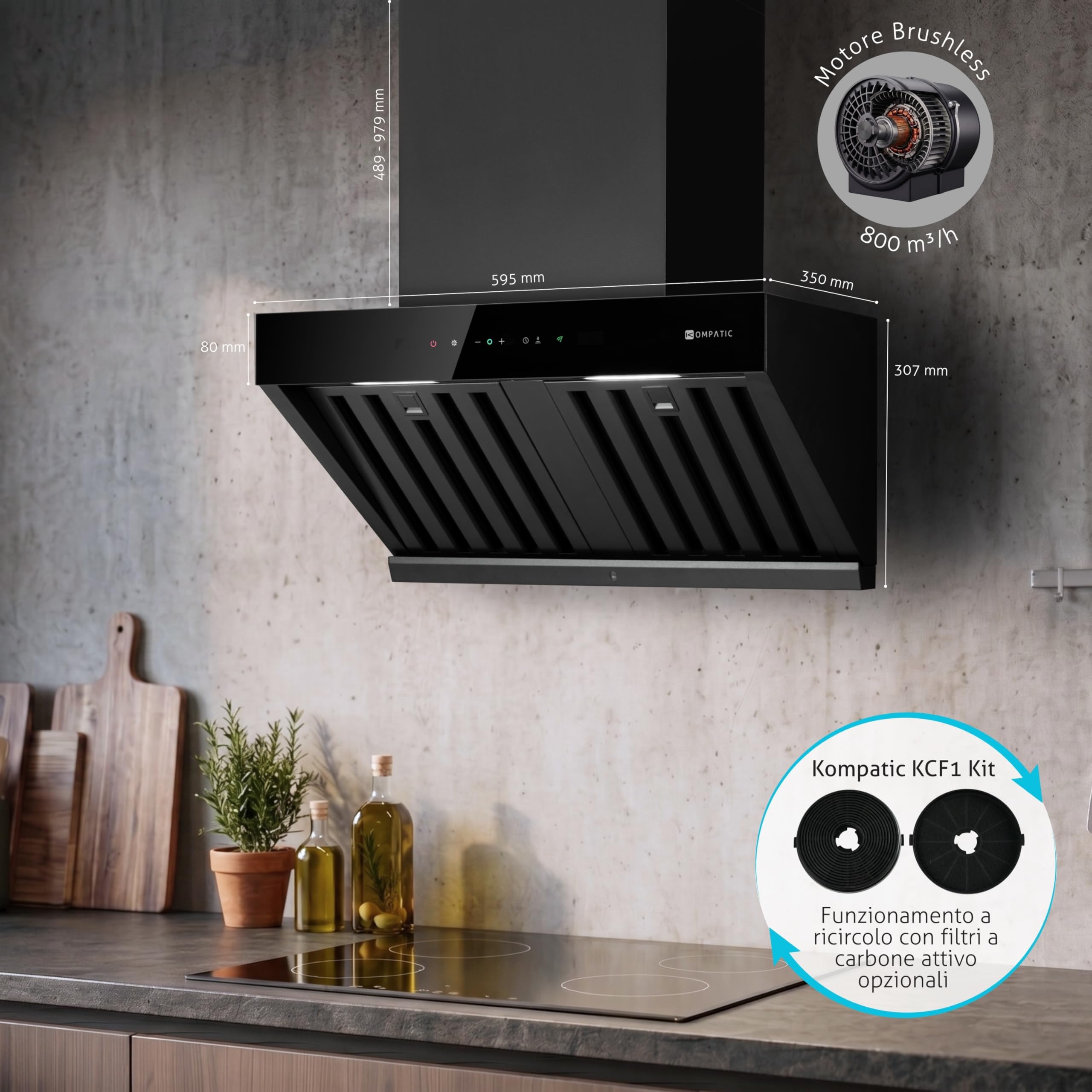 Kori 60 KPKR60WB Cappa a Parete 60 cm, 800 m³/h, Classe A+++, Gesture & Touch, Telecomando, Sensore Calore, Filtri Baffle, Boost/Super Boost, Nero Opaco