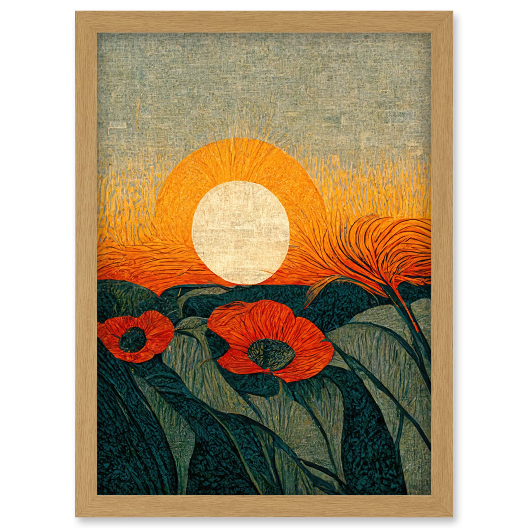 Doppelganger33 LTD Abstract Sunrise Over Poppy Meadow William Morris Style Artwork Framed Wall Art Print A4