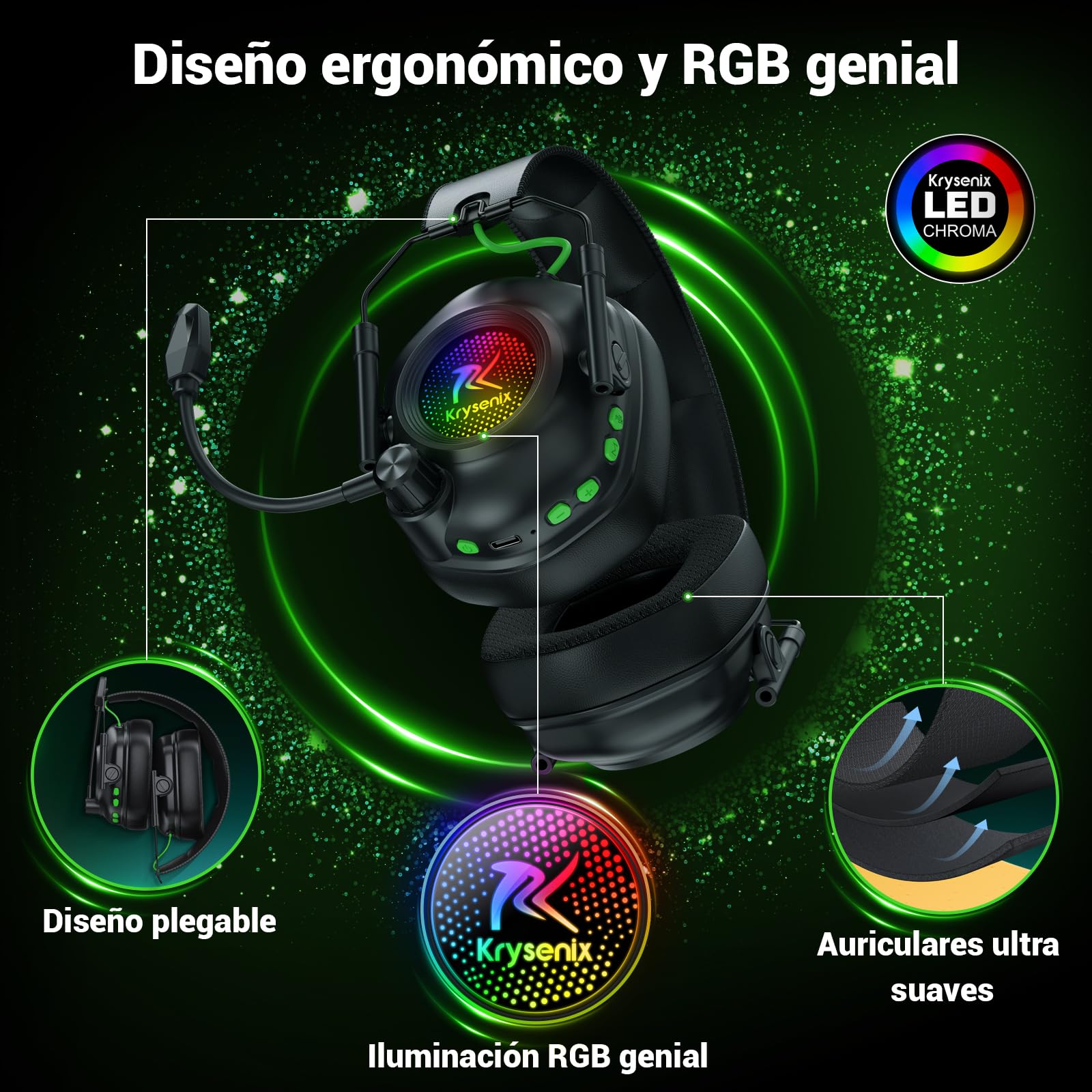 Krysenix KGH2 Cascos Gaming Inalámbricos, 2.4 GHz Auriculares Gaming para PS4, PS5, PC, Mac, Switch, Auriculares Bluetooth con Micrófono, Cancelación de Ruido, Luz LED y Duración 40Hr+, Negro