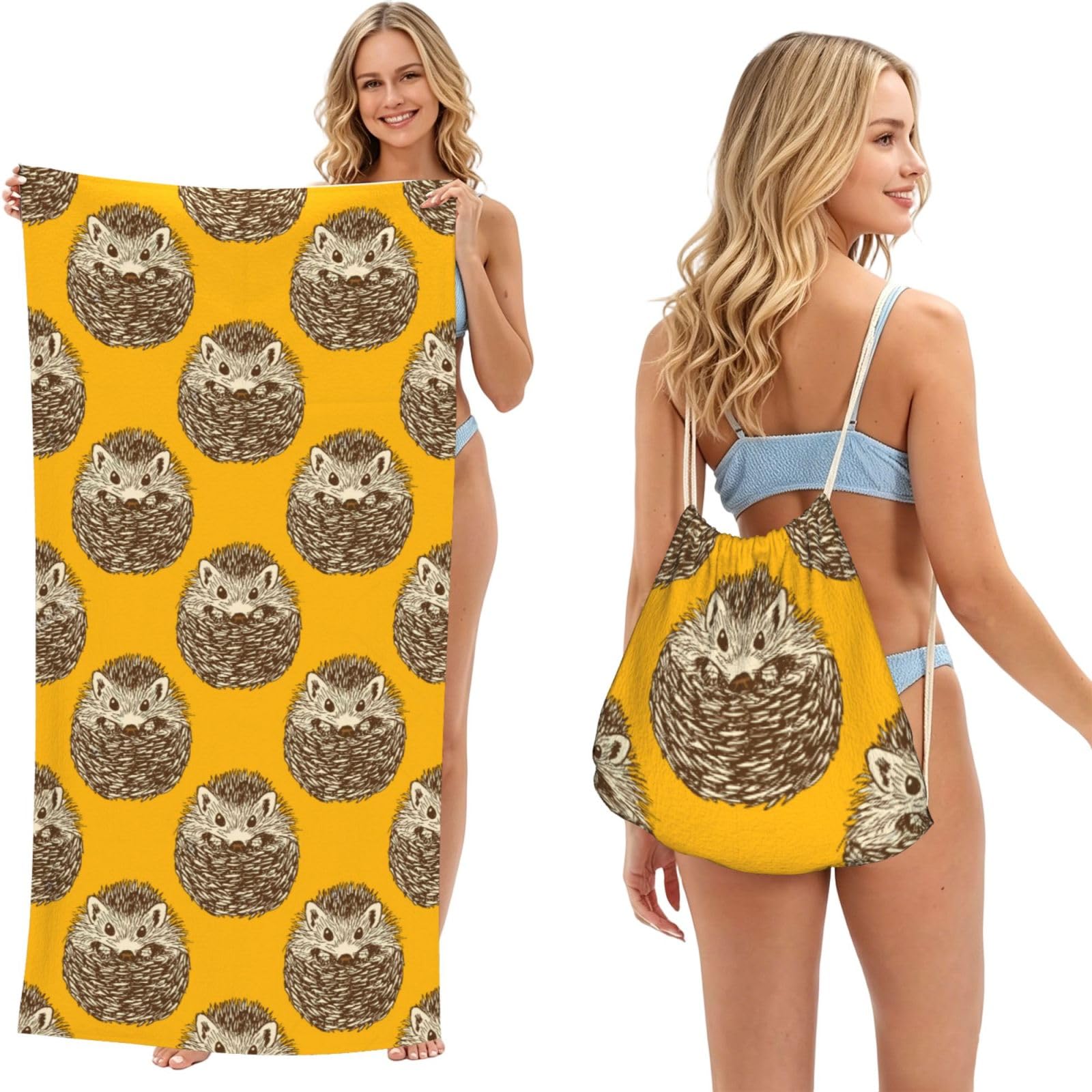 Poadnly As Picture Cute Hedgehog, 2 In 1 Packable Towel Bag, Beach Towels With Drawstring Backpack For Travel Holiday Camping