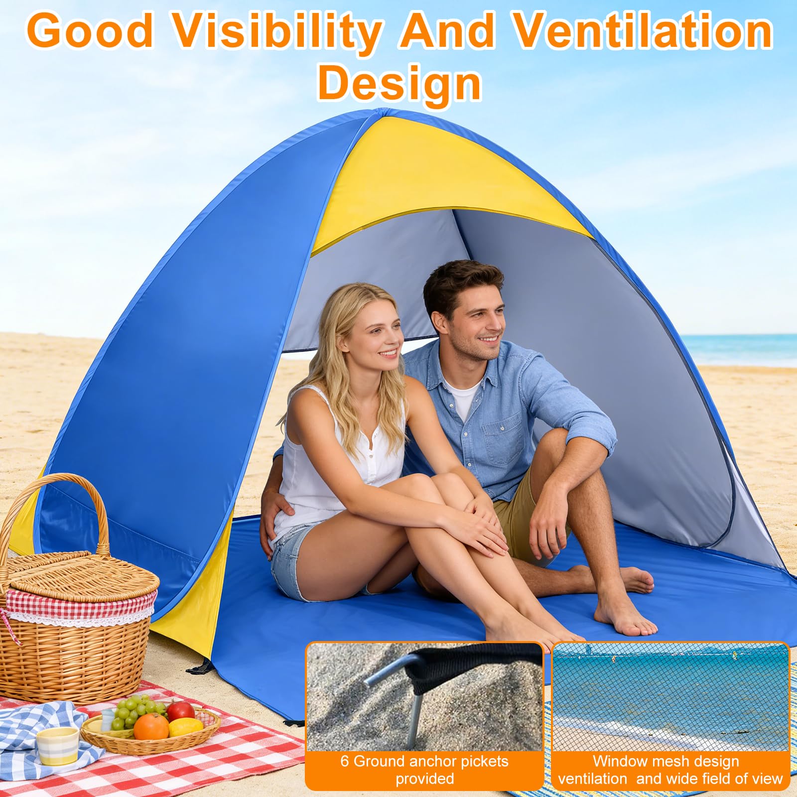 Tenda da Spiaggia Pop Up con Protezione UV 50+, Tenda Ombreggiante Leggera Antivento e Antisabbia per 2-3 Persone, Ideale per Vacanze in Famiglia, Pieghevole con Custodia da Trasporto - Blu