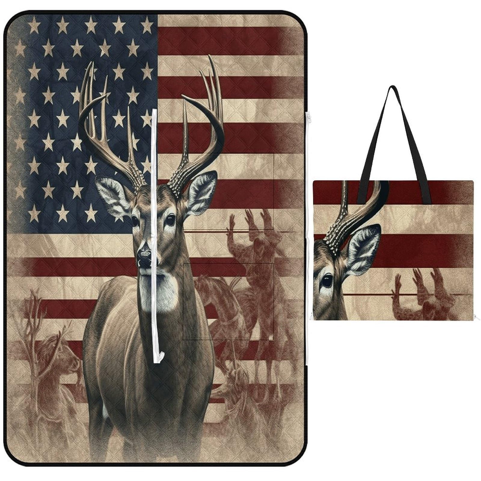 VstaDank Americana Flag Deer Picnic Mat 150x100cm Extra Large Picnic Blanket with Zipper Waterproof Sandproof Beach Blanket Portable Beach Mat Foldable Camping Blankets for Park Grass Lawn Travel