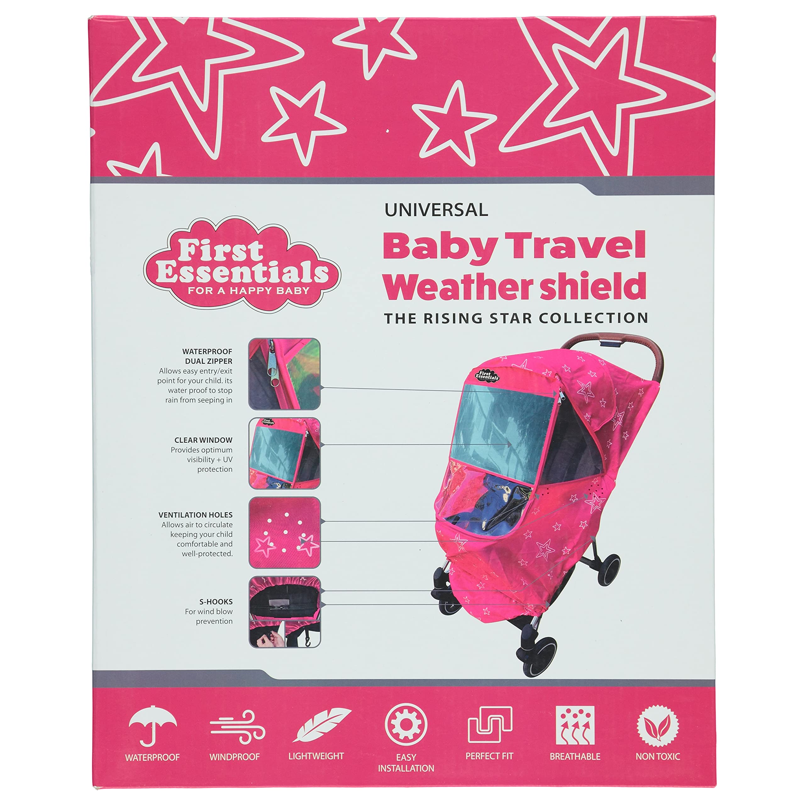 First Essentials Funda para cochecito de lluvia universal, para viaje de bebé, resistente al viento, impermeable, protege del polvo, la nieve (rosa)