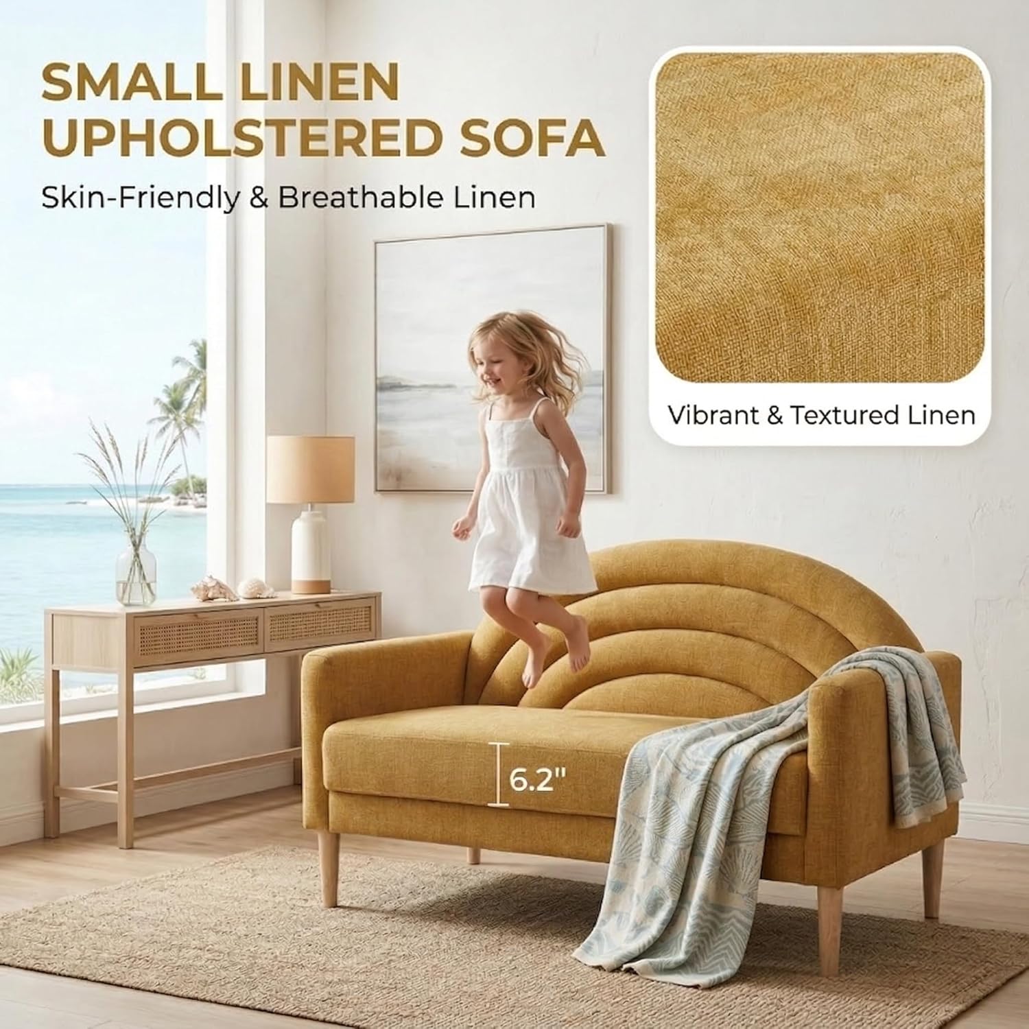 49" Small Loveseat Sofa for Small Spaces, Mid Century Modern Sofa, Linen Upholstered Furniture with Wood Frame, Mini Couch for Living Room/Bedroom/Apartment, Office Couch, Easy Assembley, Yellow