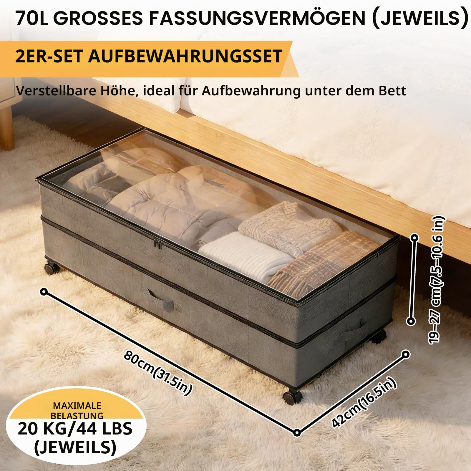 Unterbett-Aufbewahrungsboxen auf Rollen, 2er-Set 75 L Unterbett-Organizer