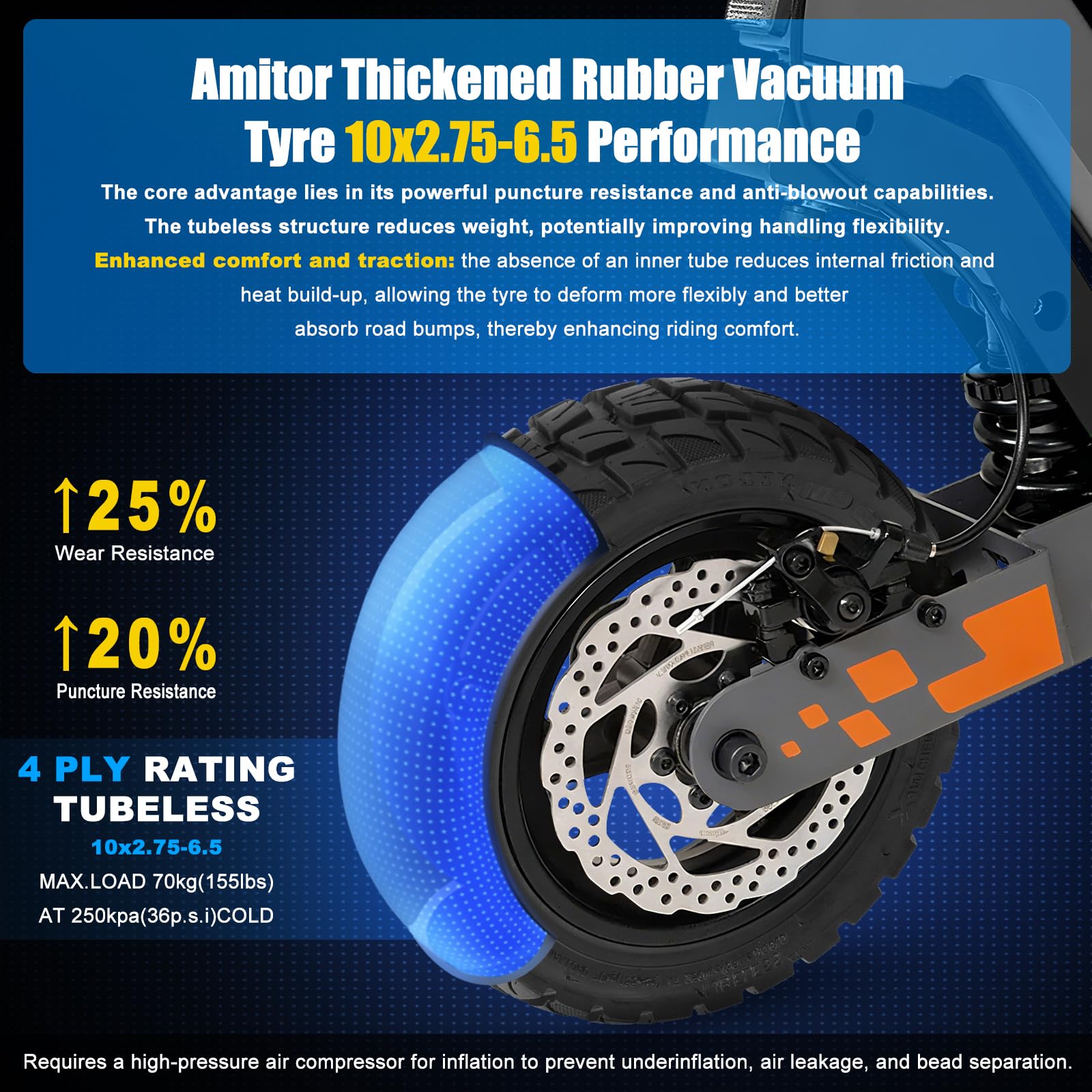 Pneu 10x2.75-6.5 Tubeless Offroad pour Kukirin G2 Master Trotinette Électrique, Pneu Tubeless 10x2.75-6.5 Tout Terrain, 10 Pouces Pneu Sans Chambre a Air avec Valve, Anti-Usure & Dérapant, 1PCS