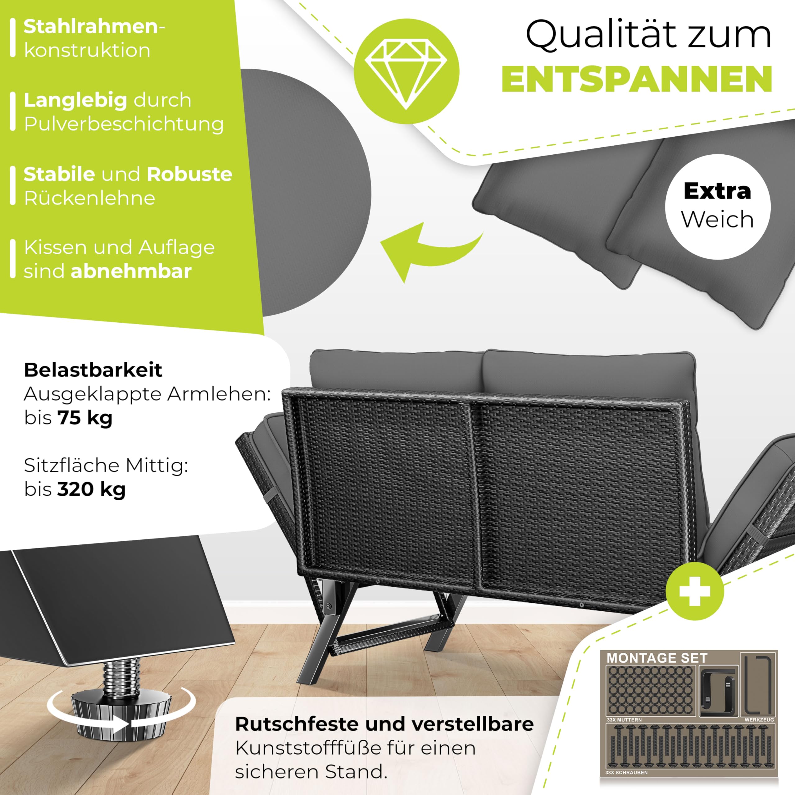 KESSER® Gartenbank Polyrattan Luna mit Liegefunktion Gartensofa 4 in 1 Verstellfunktion Gartencouch Wetterfest Balkonsofa Verstellbare Armlehnen, Extra Dicke & Weiche Polsterung Garten/Balkon/Terrasse