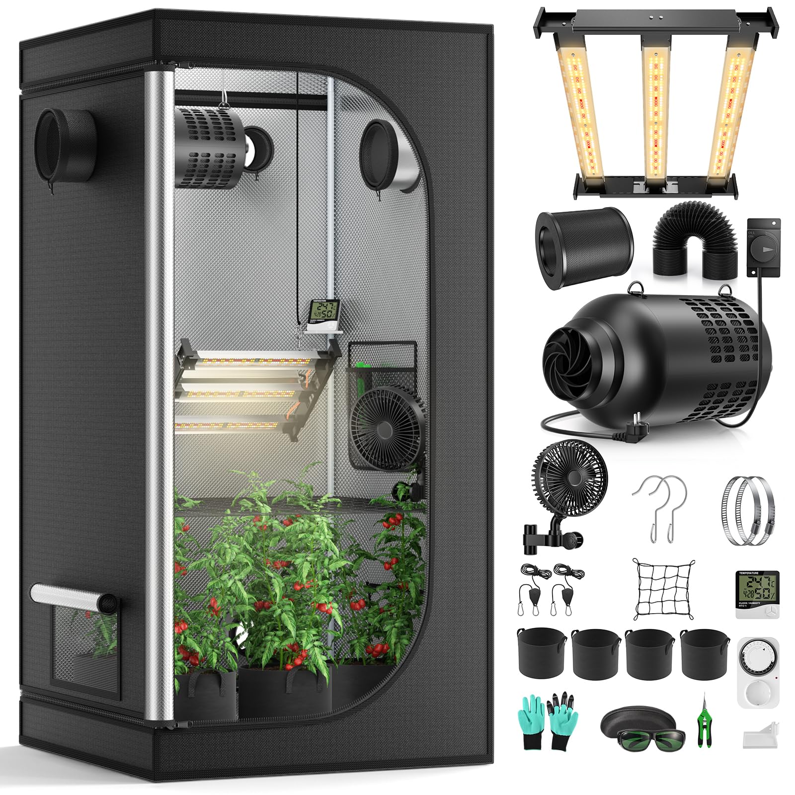 Growzelt Komplettset M1500 LED Vollspektrum Grow Lampe 80x80x160cm 4" 215 CFM 3000RPM Belüftungssatz Hydroponics Indoor Growing Tent Set