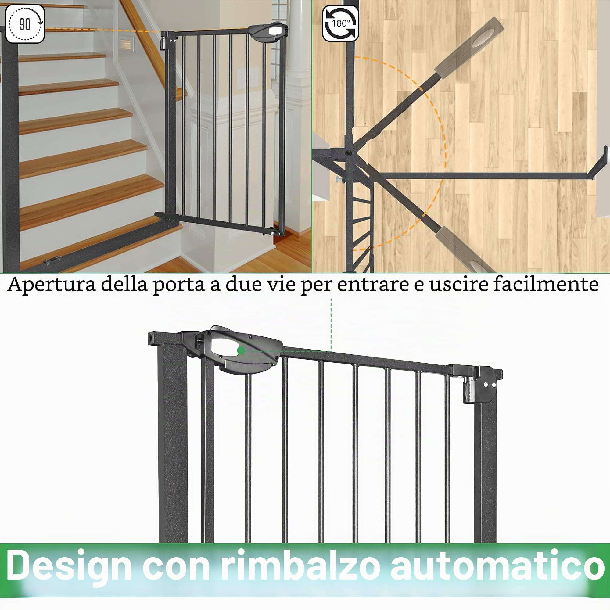 Yuenfong - Cancelletto di sicurezza per scale e porte, montaggio senza forature, per scale, sicurezza dei bambini, chiusura automatica, apertura sui 2 lati a 180°, larghezza 95 - 105 cm, nero