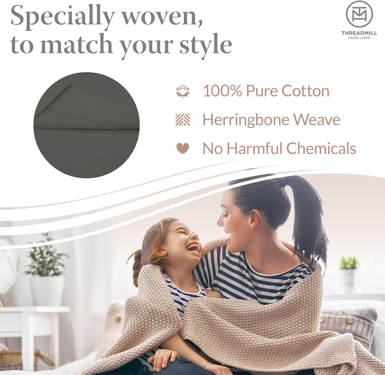 Threadmill Luxury Cotton Blankets for Twin Size Bed | All-Season 100% Cotton Twin Blanket for Bed | Herringbone Soft & Cozy Fall Thermal Blanket, 350GSM, 68x92 inches | Dark Grey - Image 3
