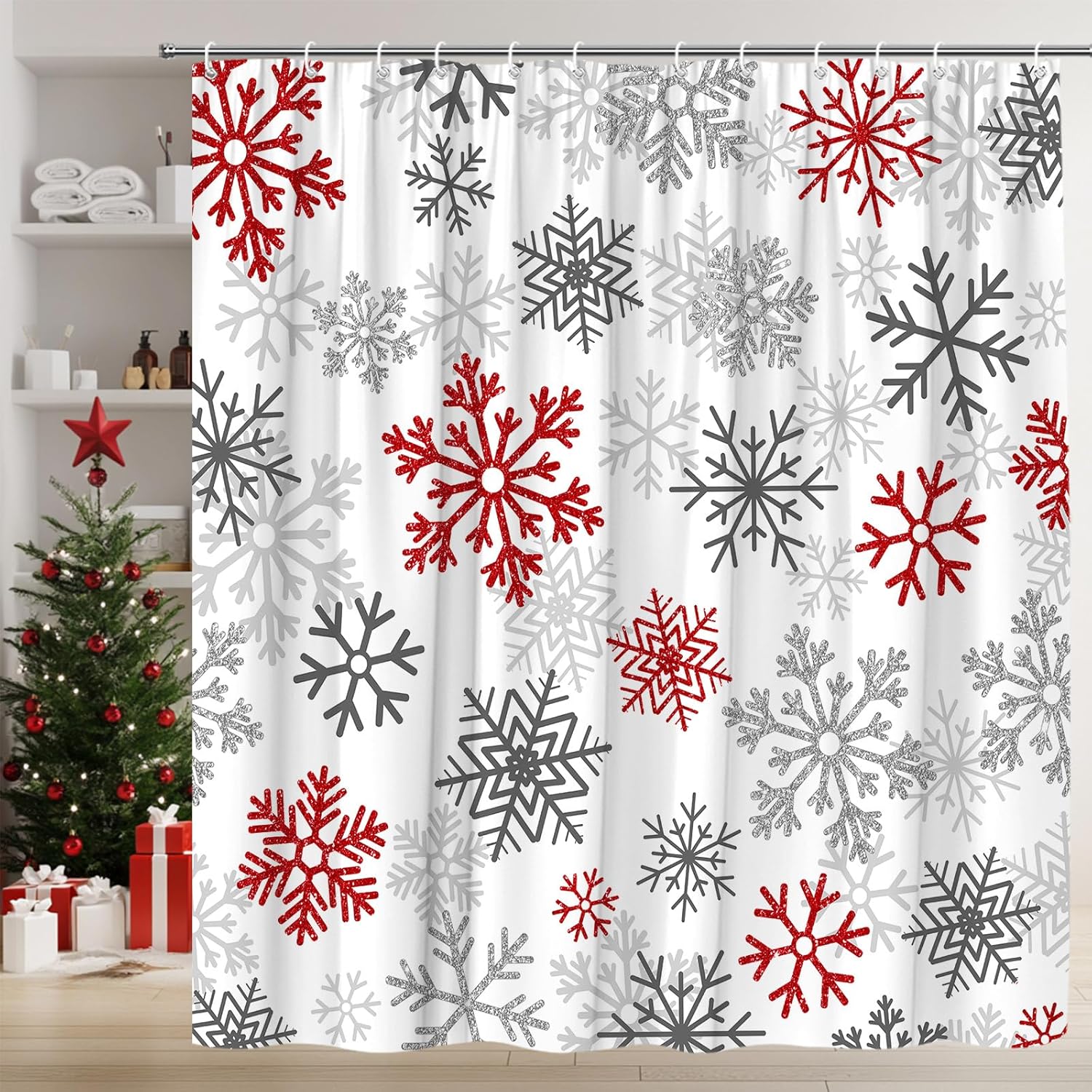 Red Snowflake Shower Curtain Sage Green Christmas Modern Winter Holiday Happy New Year Fabric Bathroom Home Decor with Hooks(70" Wx84 H)