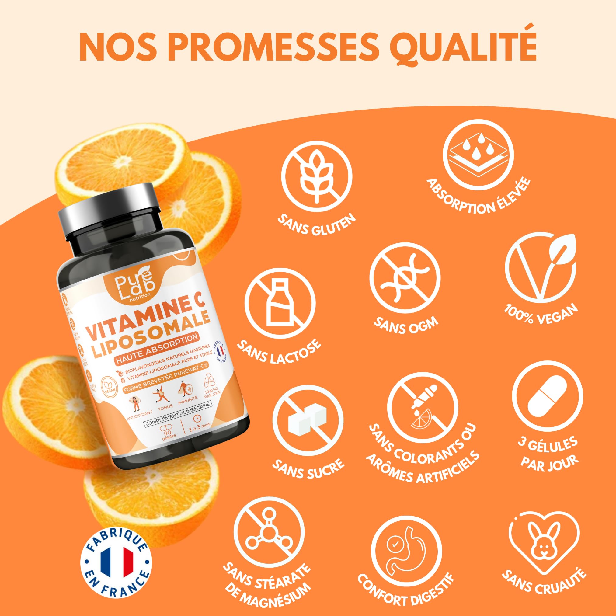 Vitamine C Liposomale 1000mg - Haute Absorption - Immunité, Antioxydant, Tonus - Formule Brevetée PureWay™ - Sans Lactose, Sans Gluten - Fabriqué en France - 90 gélules, Cure de 1 à 3 mois