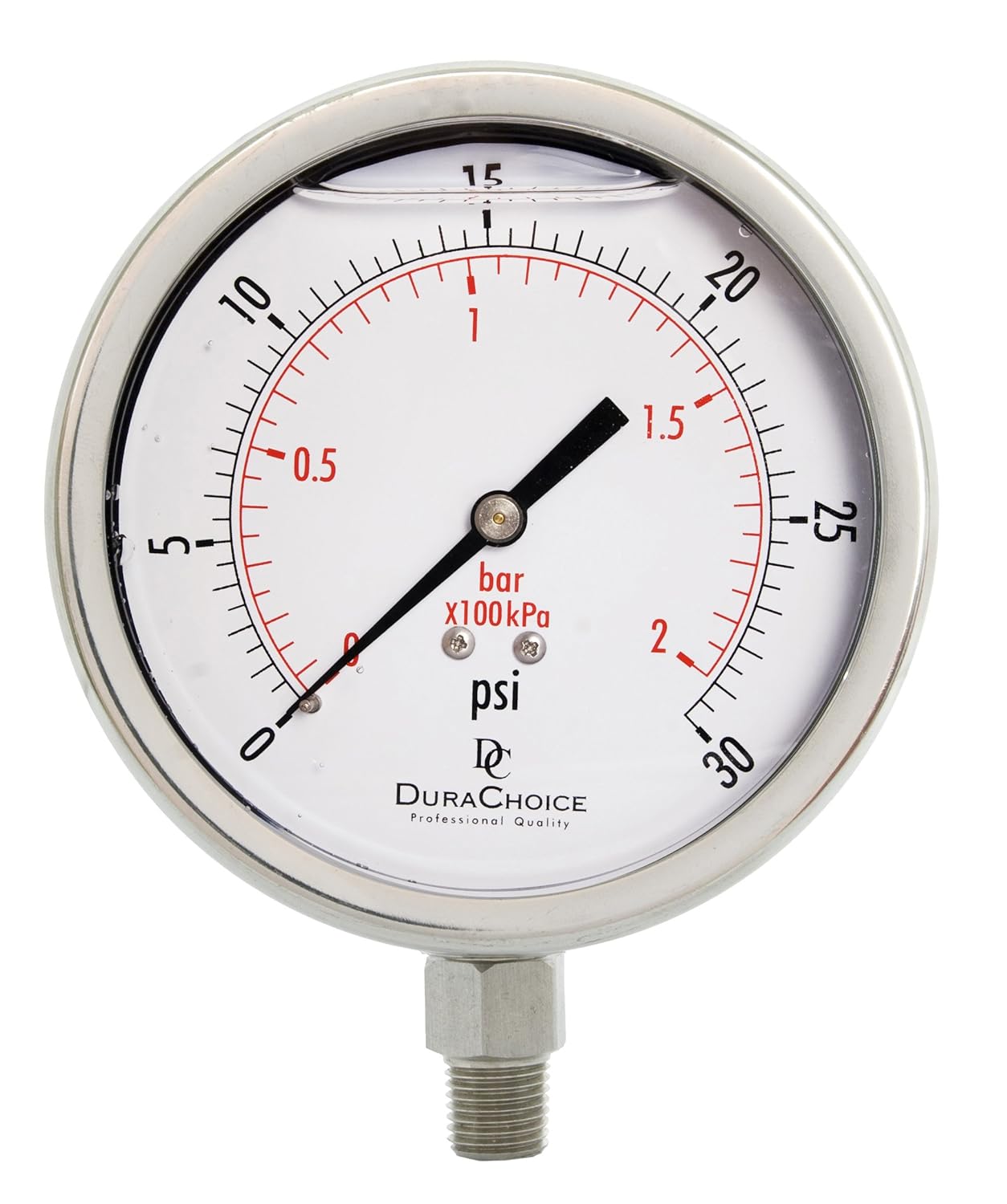 4" All Stainless Steel Oil Filled Pressure Gauge - 1/4" NPT Lower Mount 30PSI