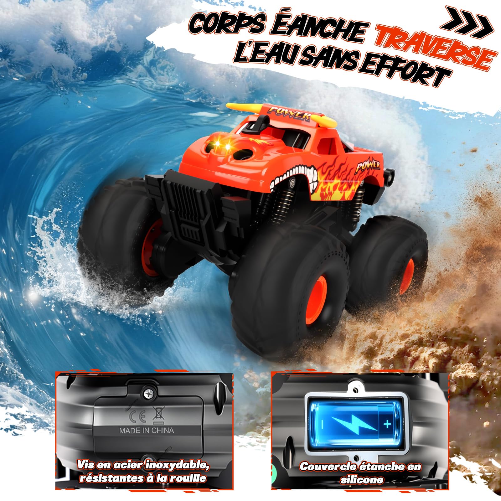 Charmofun Voiture Télécommandée Tout Terrain Amphibie, 4WD Monster Truck Télécommandé Rechargeable avec Effet de fumée, 2.4GHz Voiture RC, Monster Truck RC Offroad pour Enfants (Rouge)