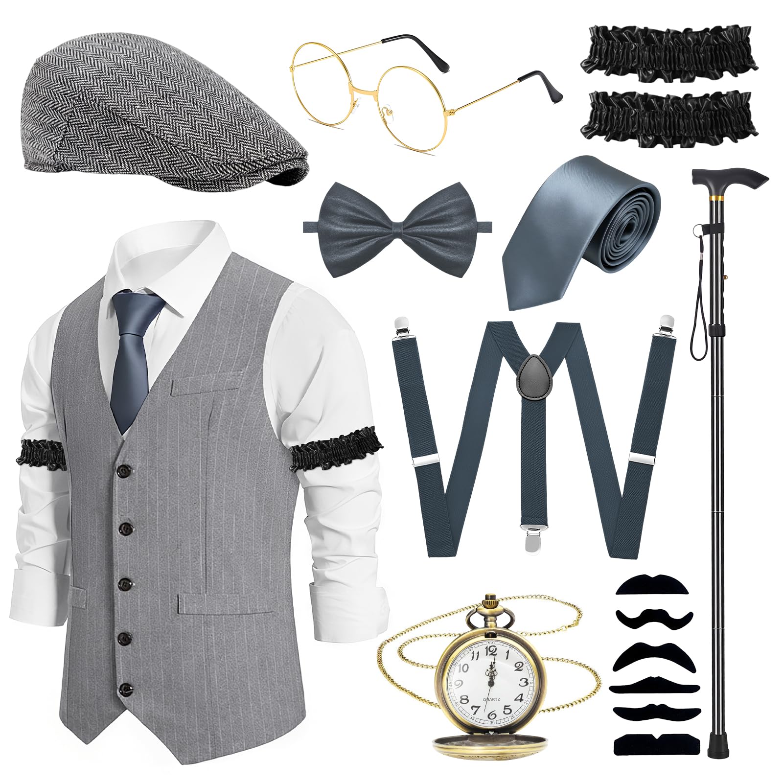Oerphh 16PCS 1920s Mens Vintage Costume Set Roaring Twenties Gangster Outfit Waistcoat With Flat Cap Braces Walking Stick For Adults Theme Parties Fancy Dress Kit Carnival Costume(grey, XXL)