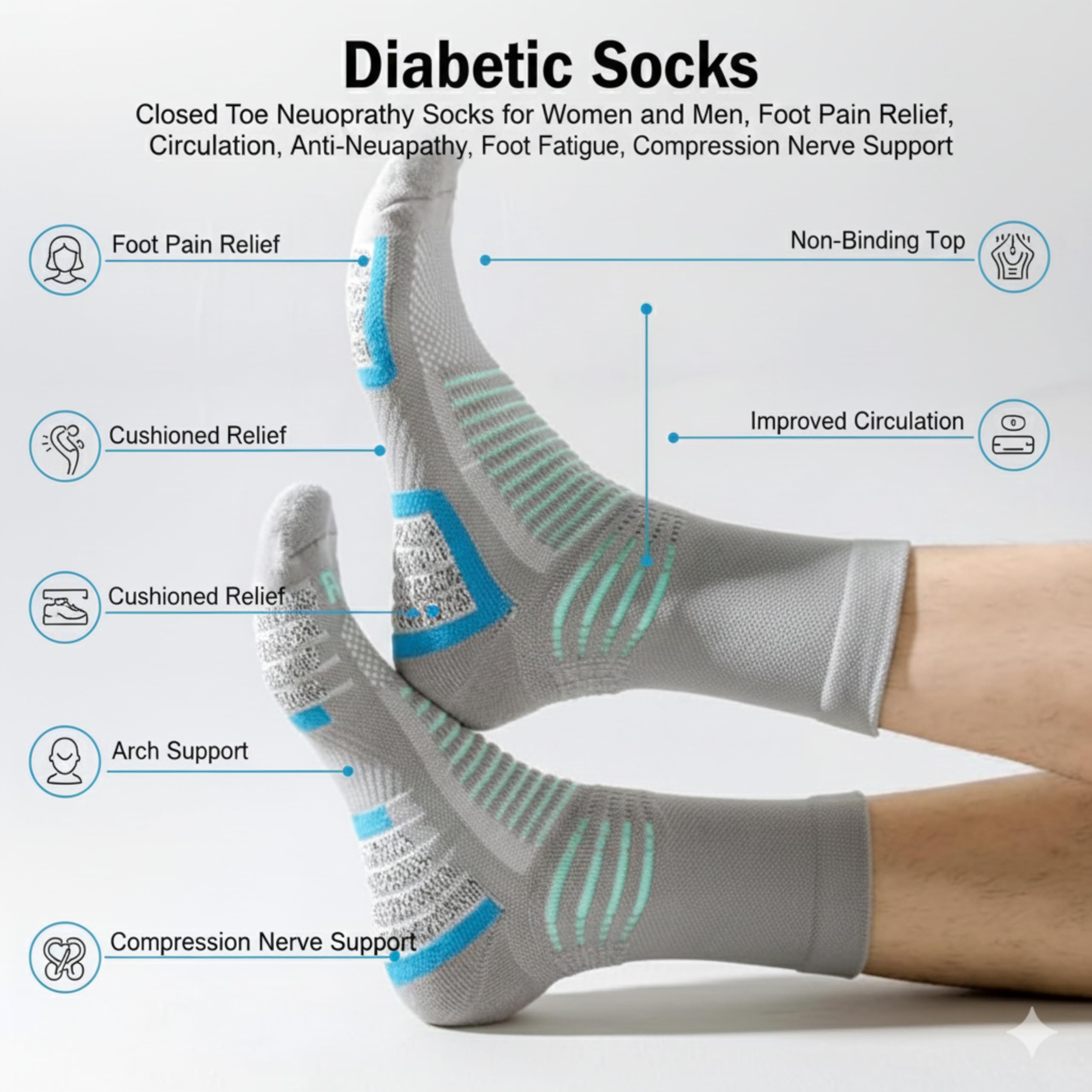 LOVELUX Crew Socks for Women & Men Circulation, Diabetic and Neropathy Pain Relief, Swelling, Neuropathy, Runner, Nurses, Travel, Pregnancy, Flying - Pack of 2- (Grey+ Blue) 3