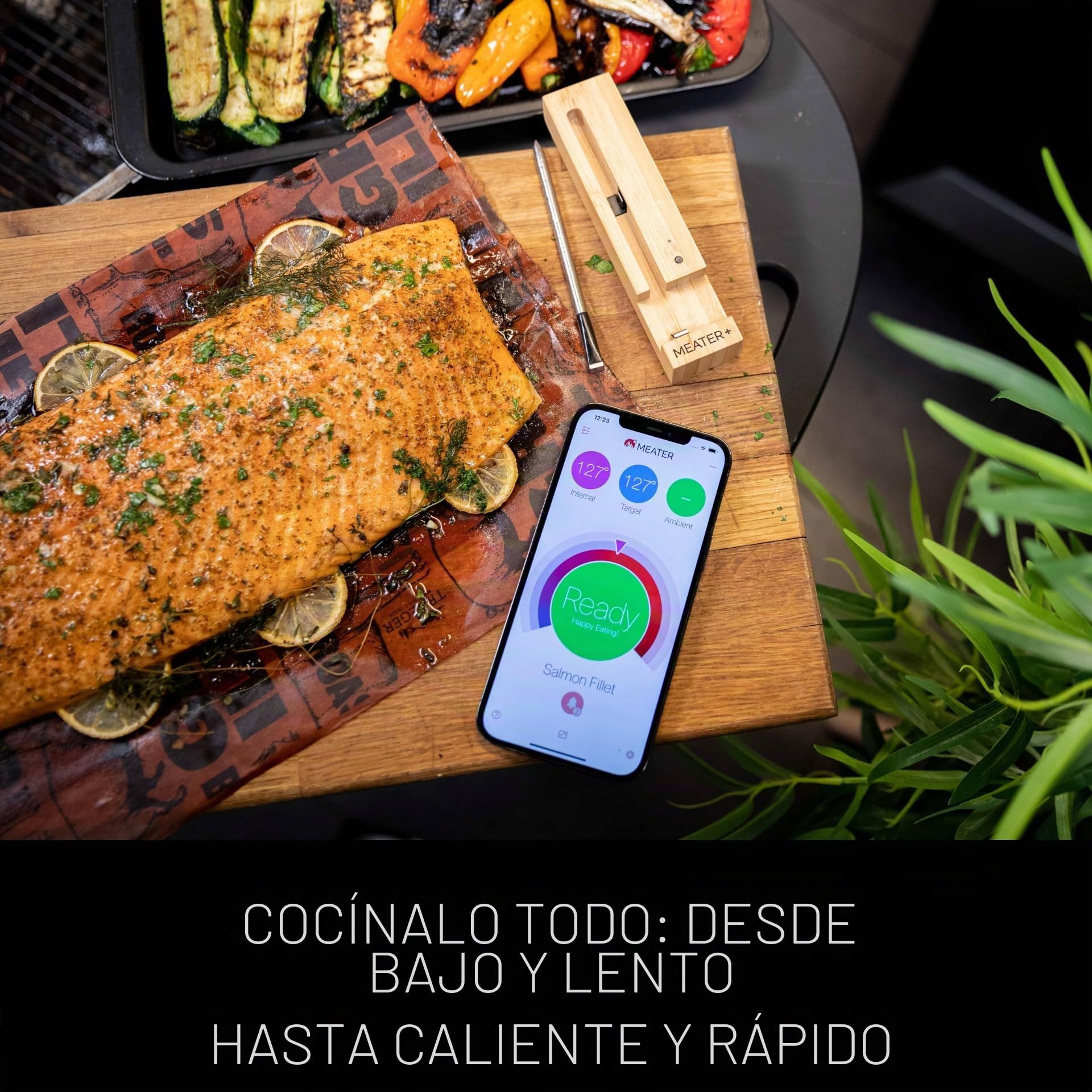 MEATER Plus | El termómetro inteligente inalámbrico para carne con alcance de 50 m para horno, parrilla, sartén y asador perfecto para disfrutar de la carne a través de la aplicación en alemán