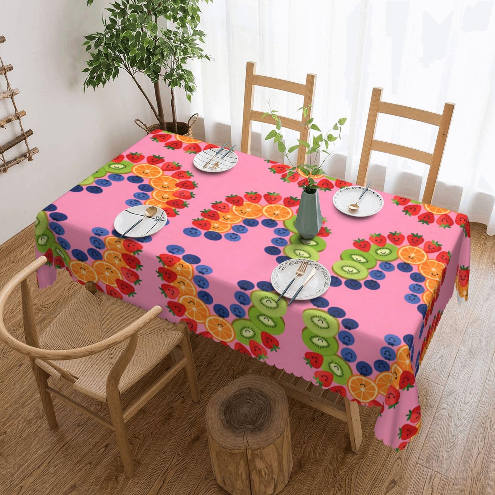 CNTDBU Rainbow Fruit Platter Scalloped Edge Tablecloth 54x72-Waterproof Stain Resistant Wrinkle Free Cover, Square Table Cloth for Dining Party