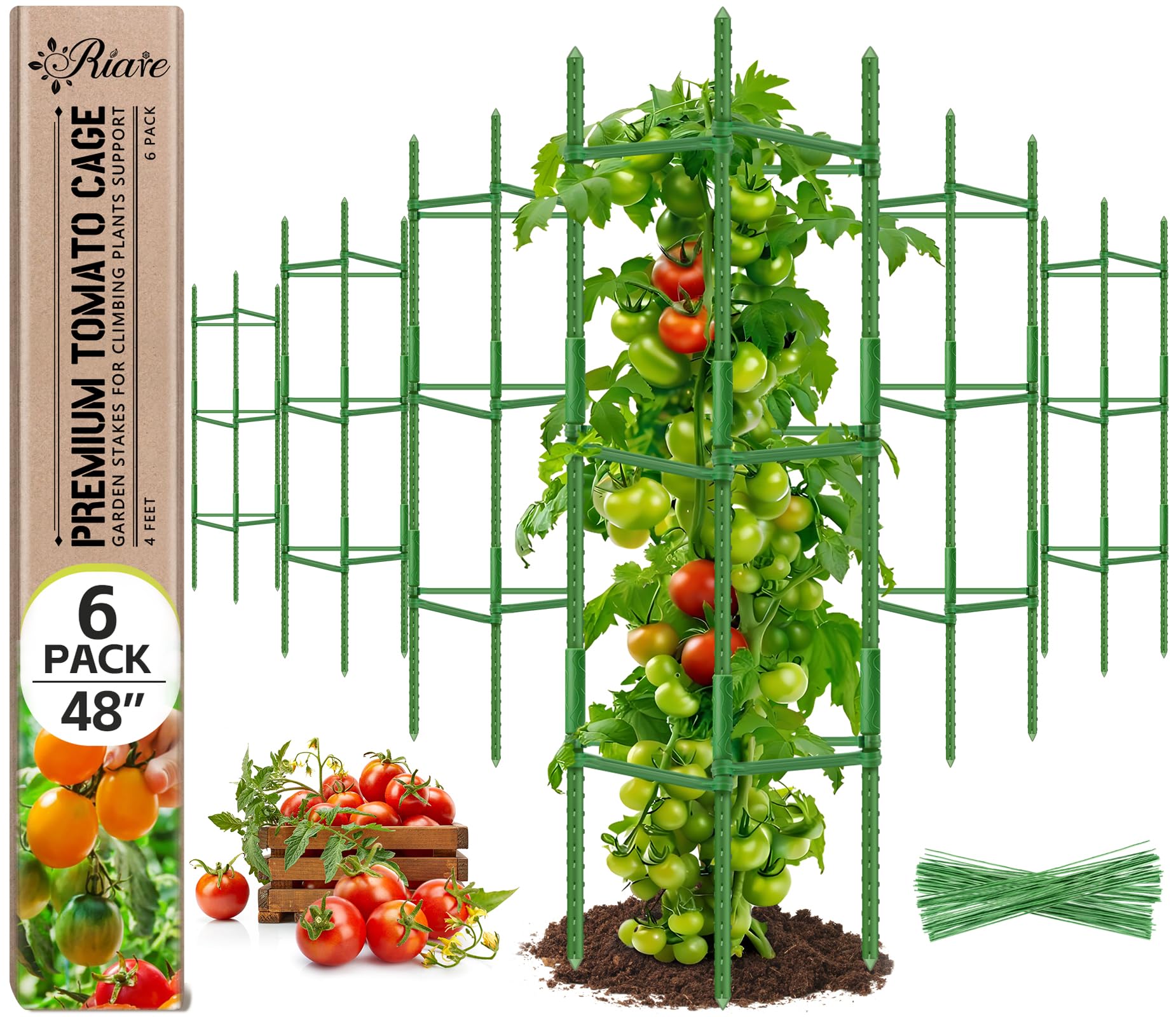 Riare 6 Pack Tomato Cages for Garden- 1.2m Heavy Duty Garden Stakes, Adjustable Tall Tomato Plant Support Tomato Trellis Cage for Pots, Raised Garden Bed, Climbing Vegetables Plants Flowers