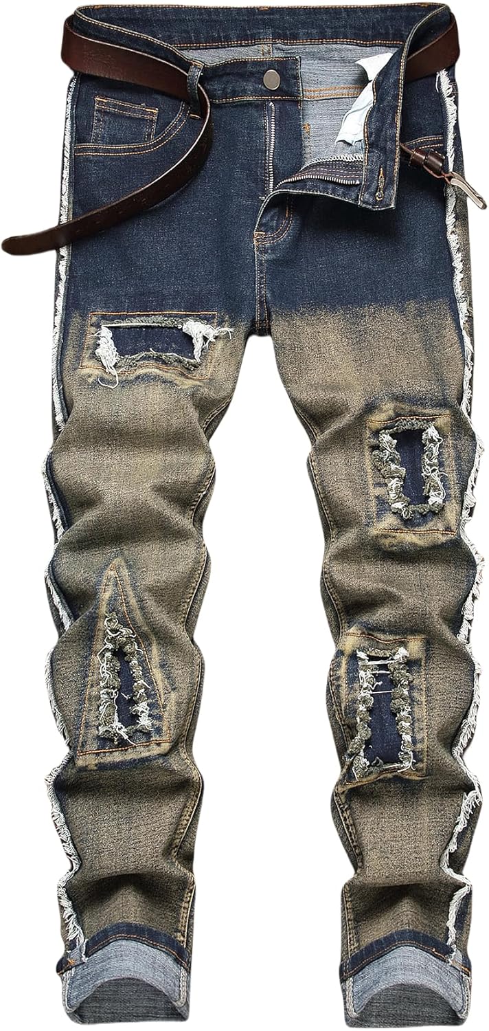 Men's Stretch Slim Fit Jeans Ripped Skinny Straight Leg Distressed Comfort Flex Waist Fashion Biker Denim Pants