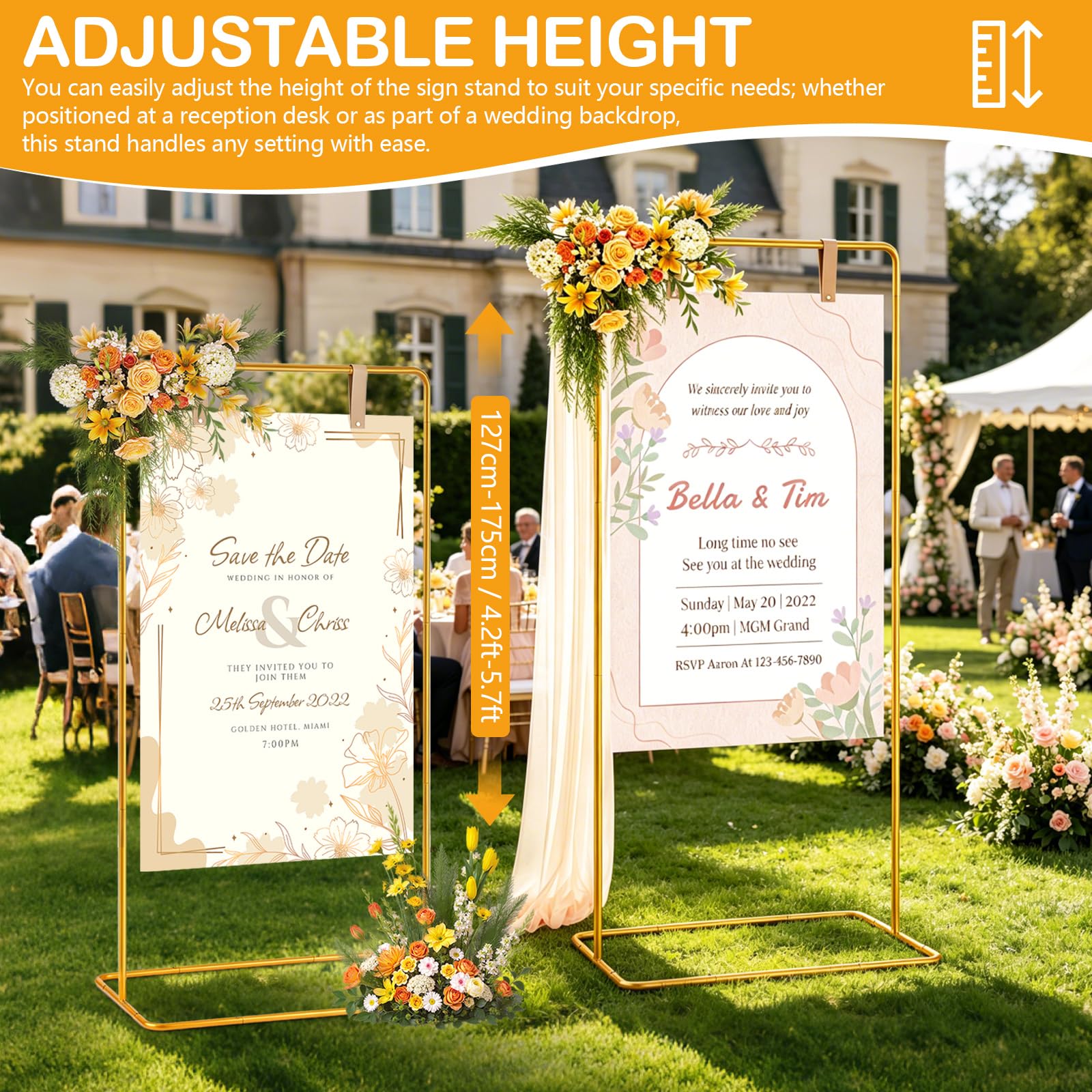 Willkommensschild Ständer Hochzeit 175x80x50cm Gold Metall Verstellbarer Posterhalter mit Lichterkette