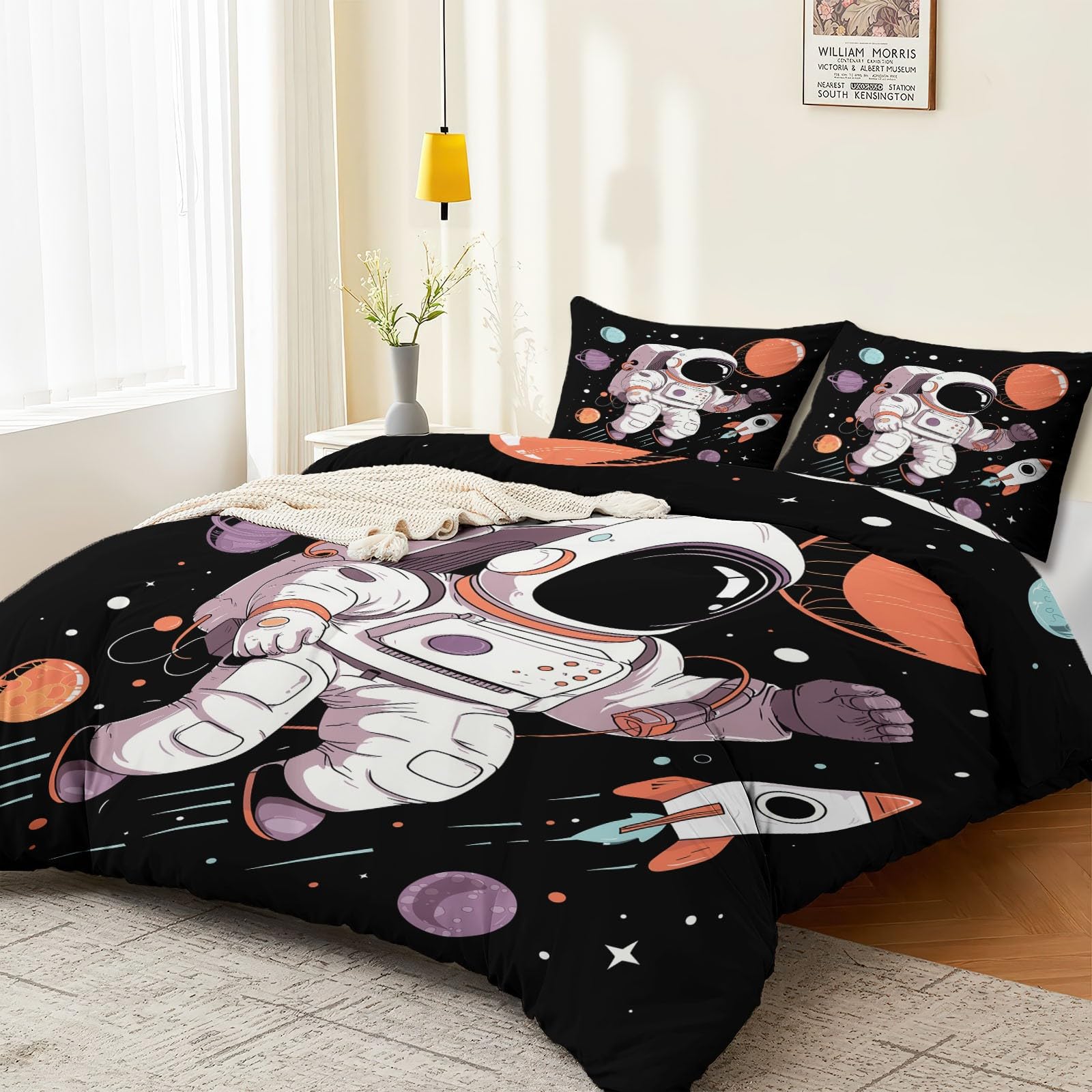 Nowoczesna poszewka na kołdrę z kreskówki, fantazyjna, planeta, rakieta, astronauta, dwustronna, mikrofibra, poszewka na kołdrę, pojedynczy zestaw, przytulna, miękka, hipoalergiczna, nie wymaga
