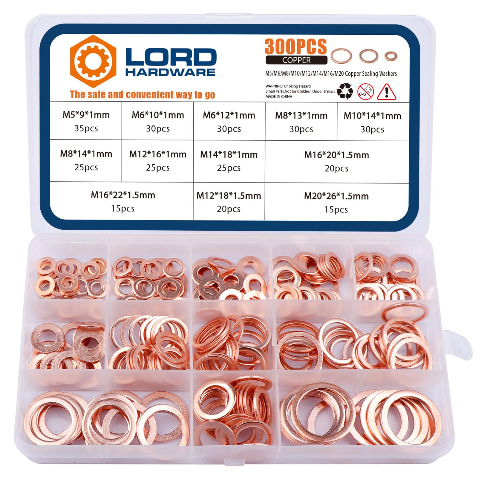 LordHardware 300PCS Copper Crush Sealing Washers Assortment Kit M5 M6 M8 M10 M12 M14 M16 M20 Flat Washers (Copper)
