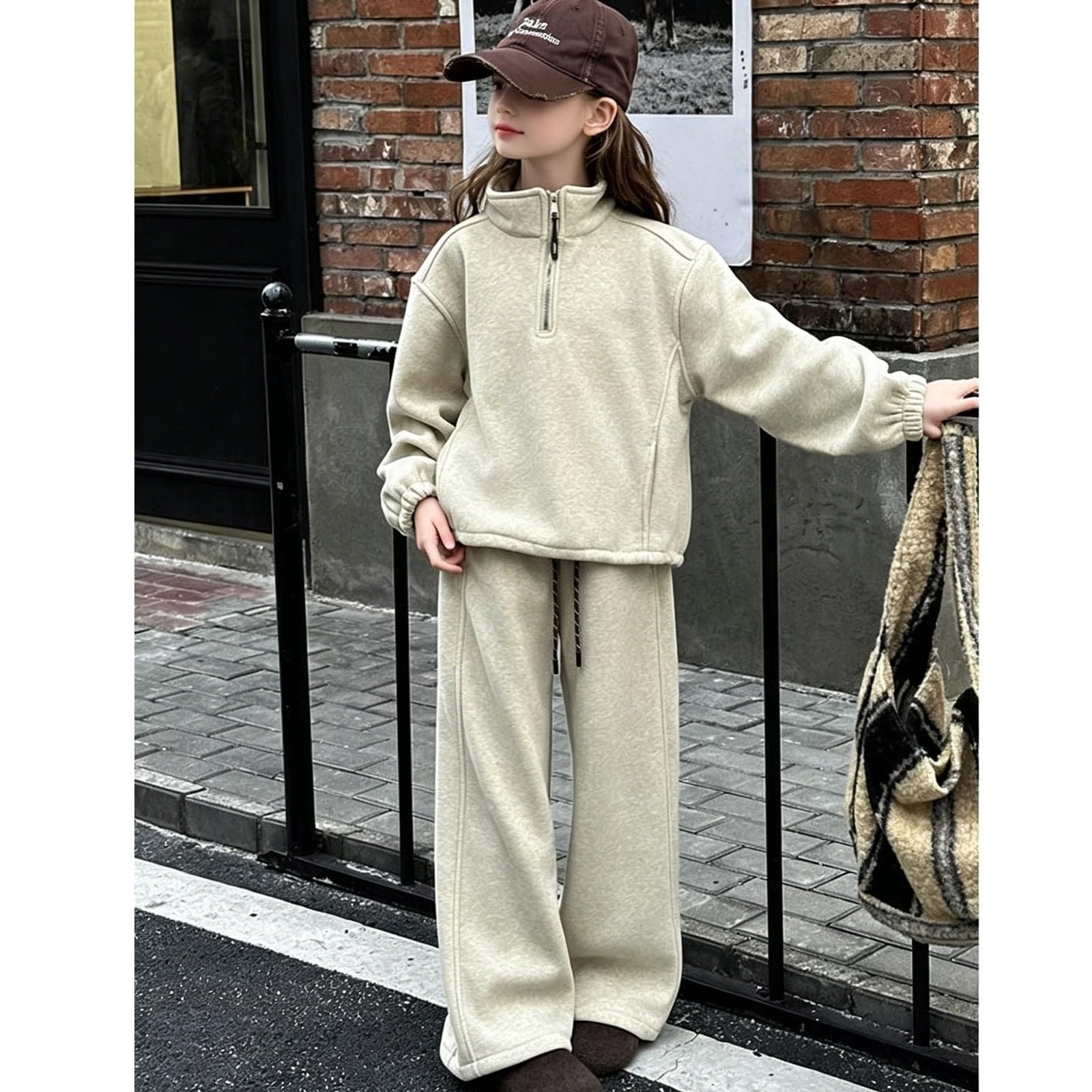 Tuta da ragazza con cappuccio e pantaloni della tuta con mezza zip, beige, 5-6 anni | Felpa con cappuccio e pantaloni sportivi per bambini, set da 2 pezzi, per la scuola, casual, comodo, con cerniera a un quarto