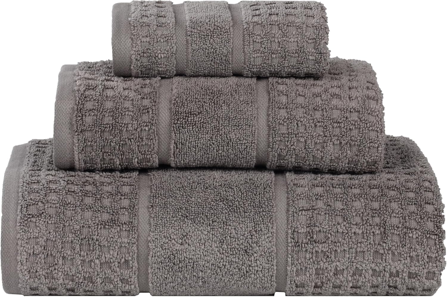 Superior Cotton 3-Piece Towel Set, Zero Twist, Waffle Border, Bathroom Essentials, Shower, Spa, Luxury Plush Soft Absorbent Towels, Includes 1 Bath, 1 Hand, 1 Washcloth/Face Towel, Charcoal - Image 2