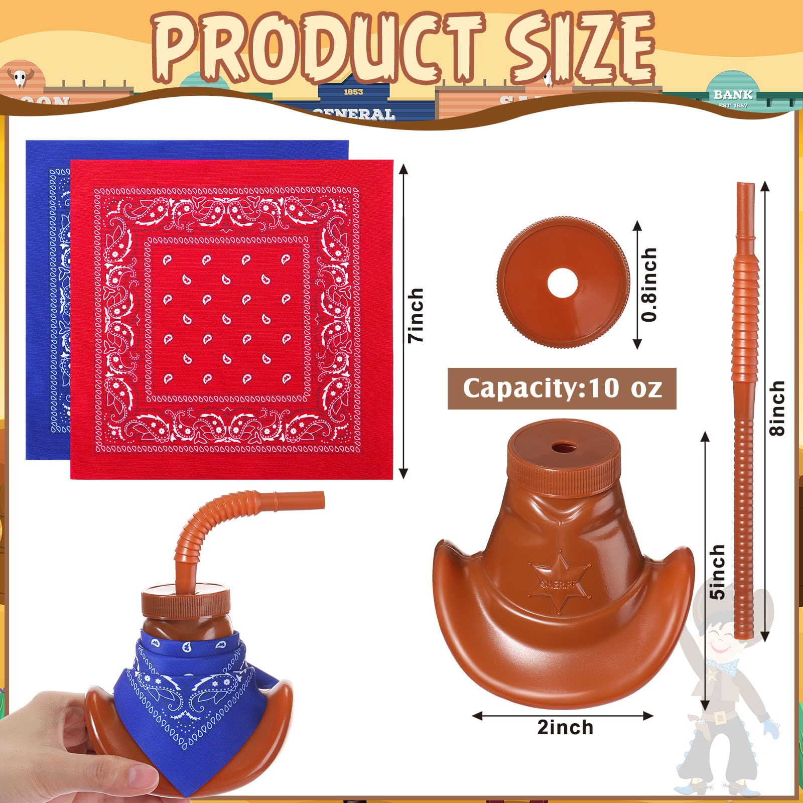 Gerrii 24 Pack Cowboy Hat Cups with Mini Bandanas,10 oz Plastic Cowboy Cup with Lids and Straws for Western Toy Themed Party Favors Cowgirl Birthday Decorations Supplies (Brown, Red, Blue)