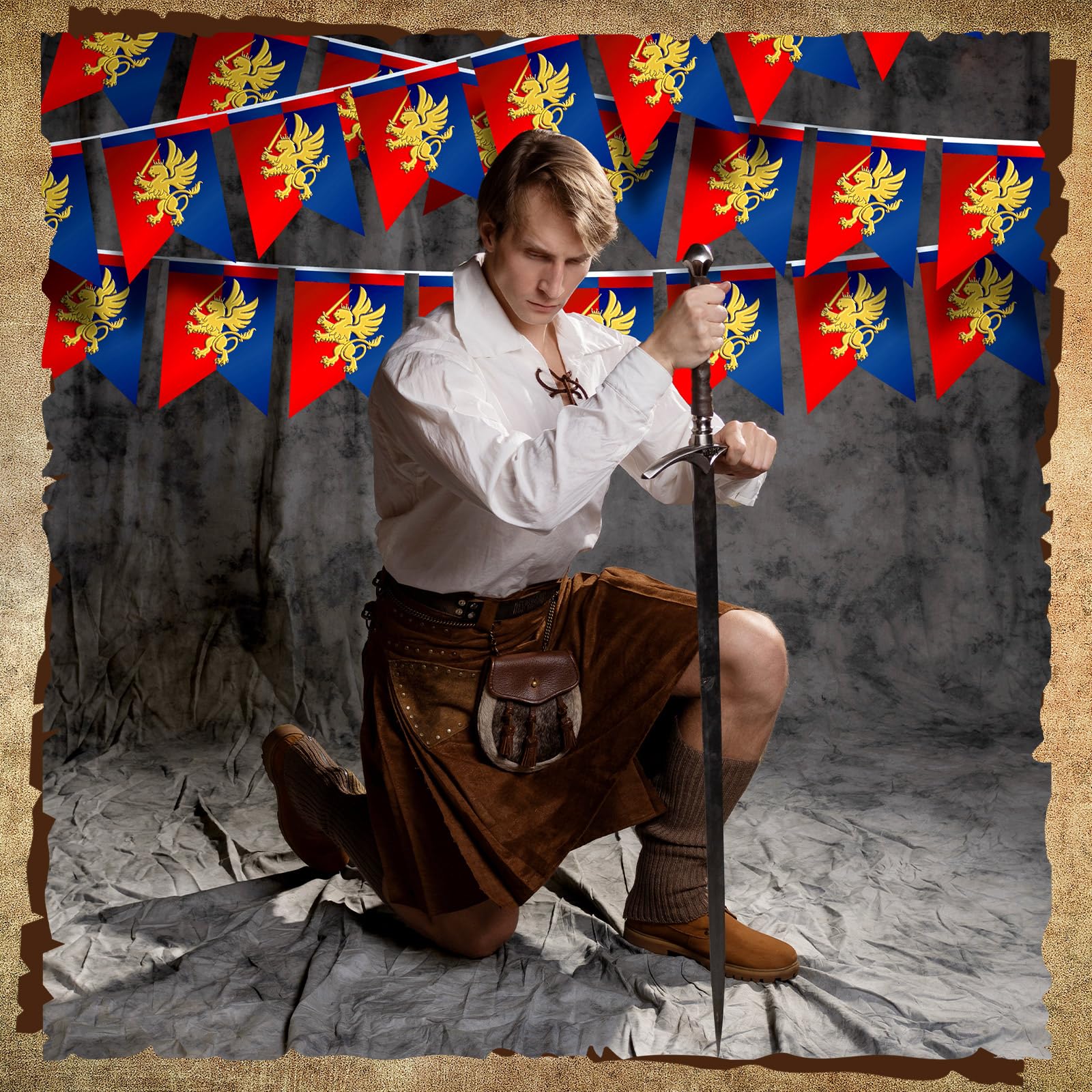 Hahafelt 6 banderines de fantasía medieval de 72 pies con diseño de león, decoraciones de fiesta medieval, banderines de caballero medieval, bandera de jardín para festival temático de castillo,
