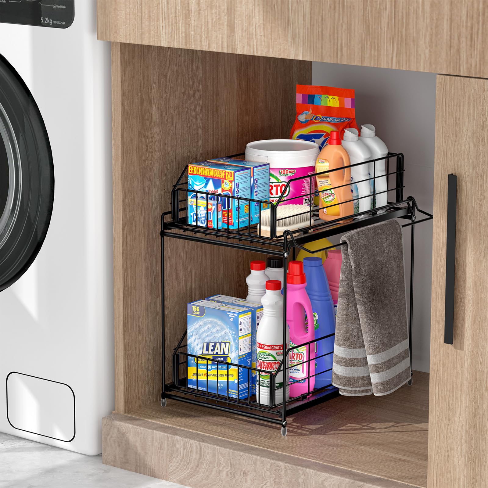 SUEH DESIGN Organizadores y almacenamiento para debajo del fregadero, almacenamiento de metal de 2 niveles con riel para colgar para cocina, baño, organizador de gabinete, paquete de 2