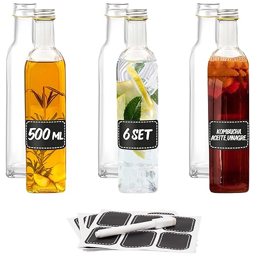 6 botellas de vidrio con tapa de rosca de 500ml cuadrados - 6 etiquetas con bolígrafo - Botellas vacías