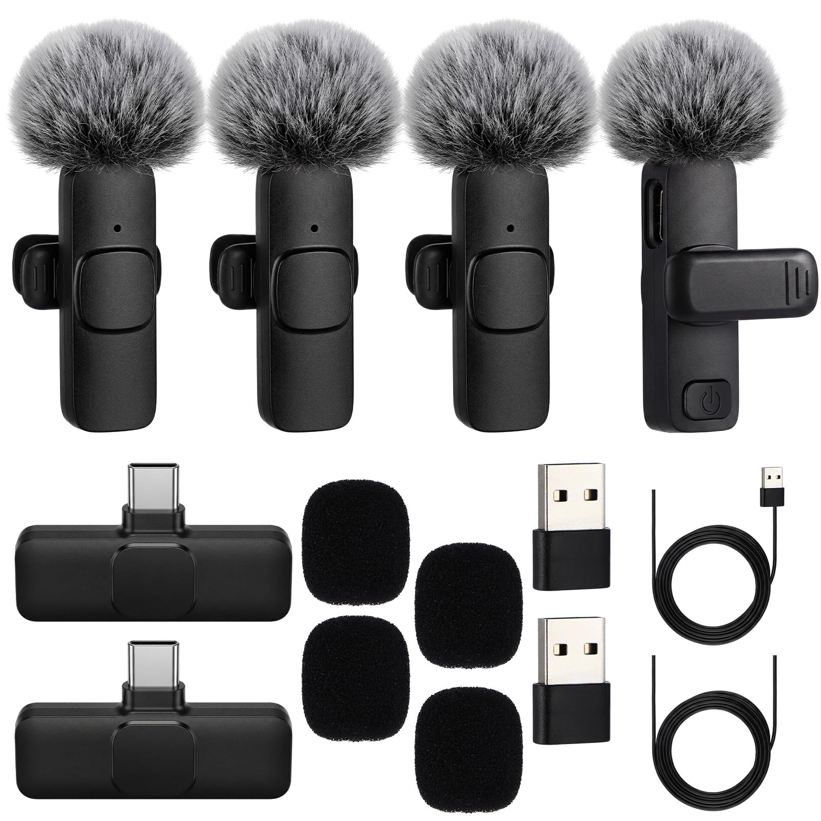 Professionelles kabelloses Lavalier-Mikrofon für Typ-C-Handy, Laptop, PC, K9, Dual-Mikrofone, 4 Sender, 2 Empfänger, pelzige Windschutzscheibe, USB-Adapter, 2/4-Personen-Videomikrofon für
